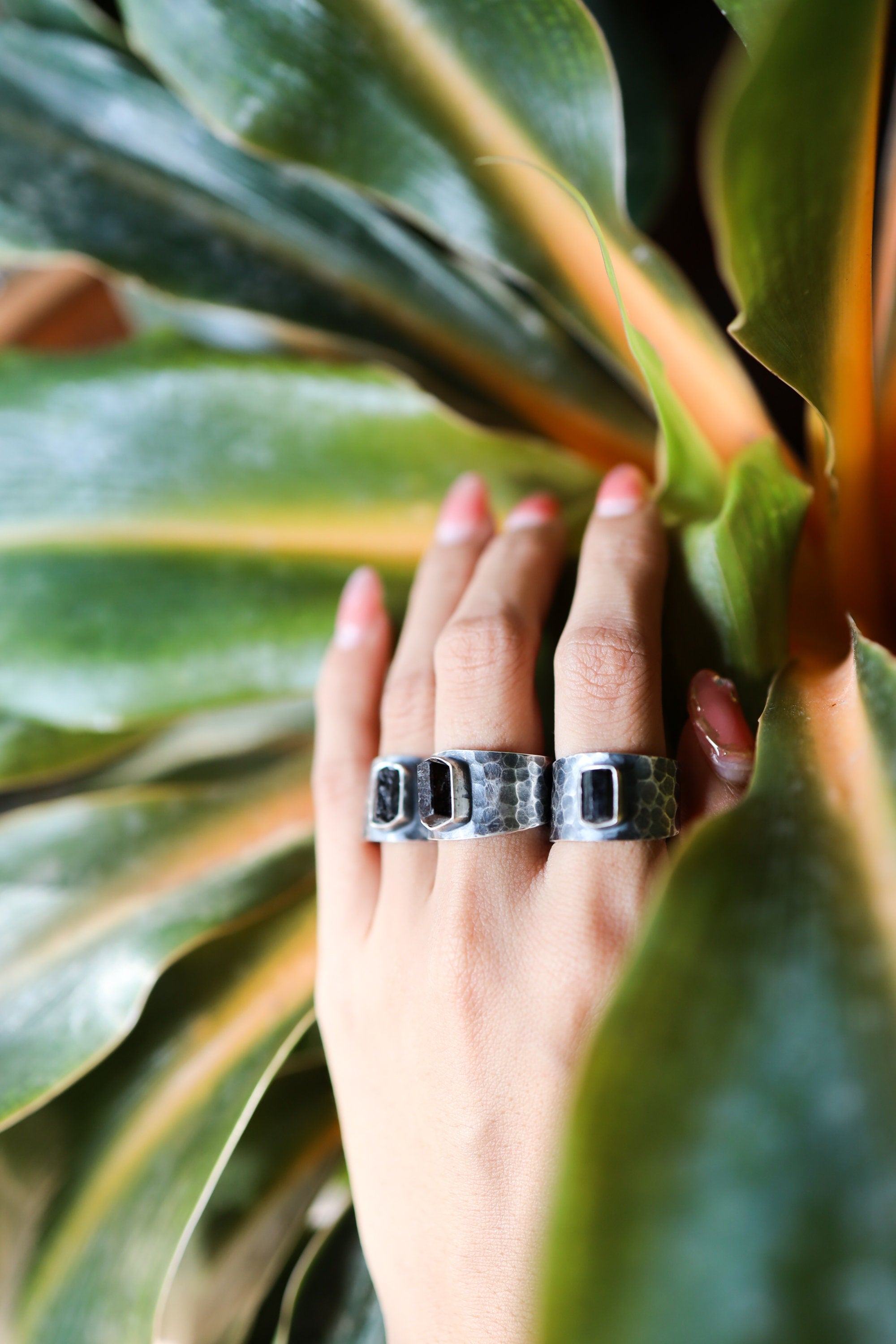 Raw Black Tourmaline Adjustable Unisex Ring, US Size 5-10, Sterling Silver,Hammered Textured & Oxidized,Protection and Grounding,Unique Gift