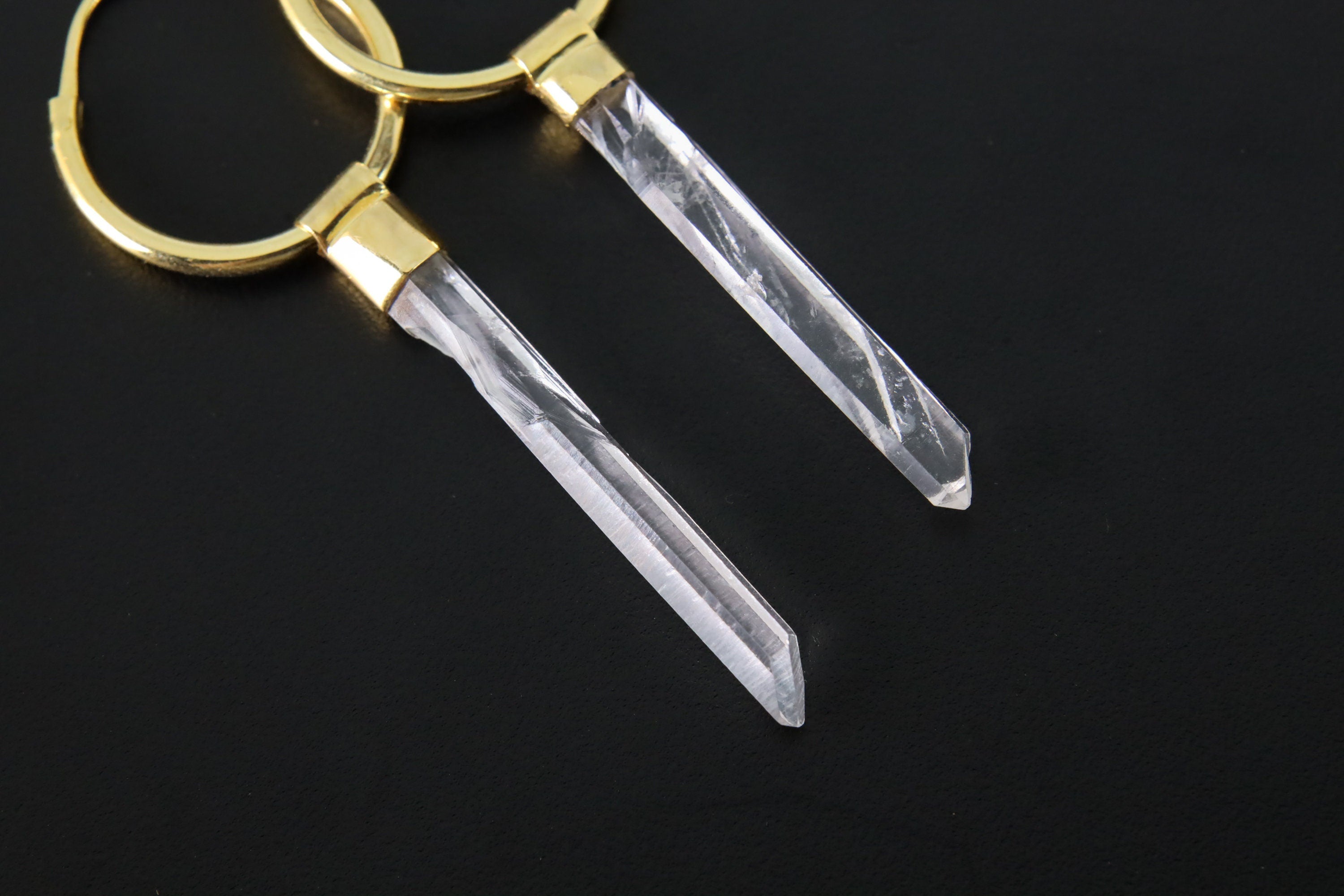 Large Australian Clear Singing Quartz Point, Gold Plated Sterling Silver, Large Dangle Hoop Crystal Earring - Healing, Chakra, Gift.