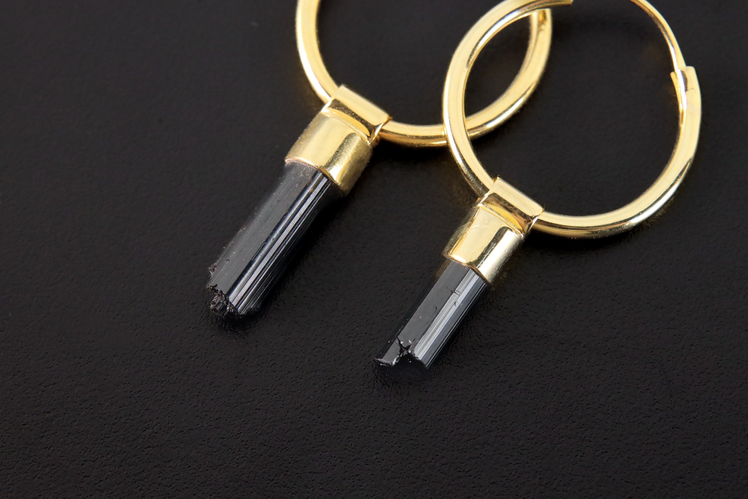 Raw Black Tourmaline Wands, Gold Plated Sterling Silver, Large Dangle Hoop Crystal Earring Pair - Healing, Chakra, Unique Gift