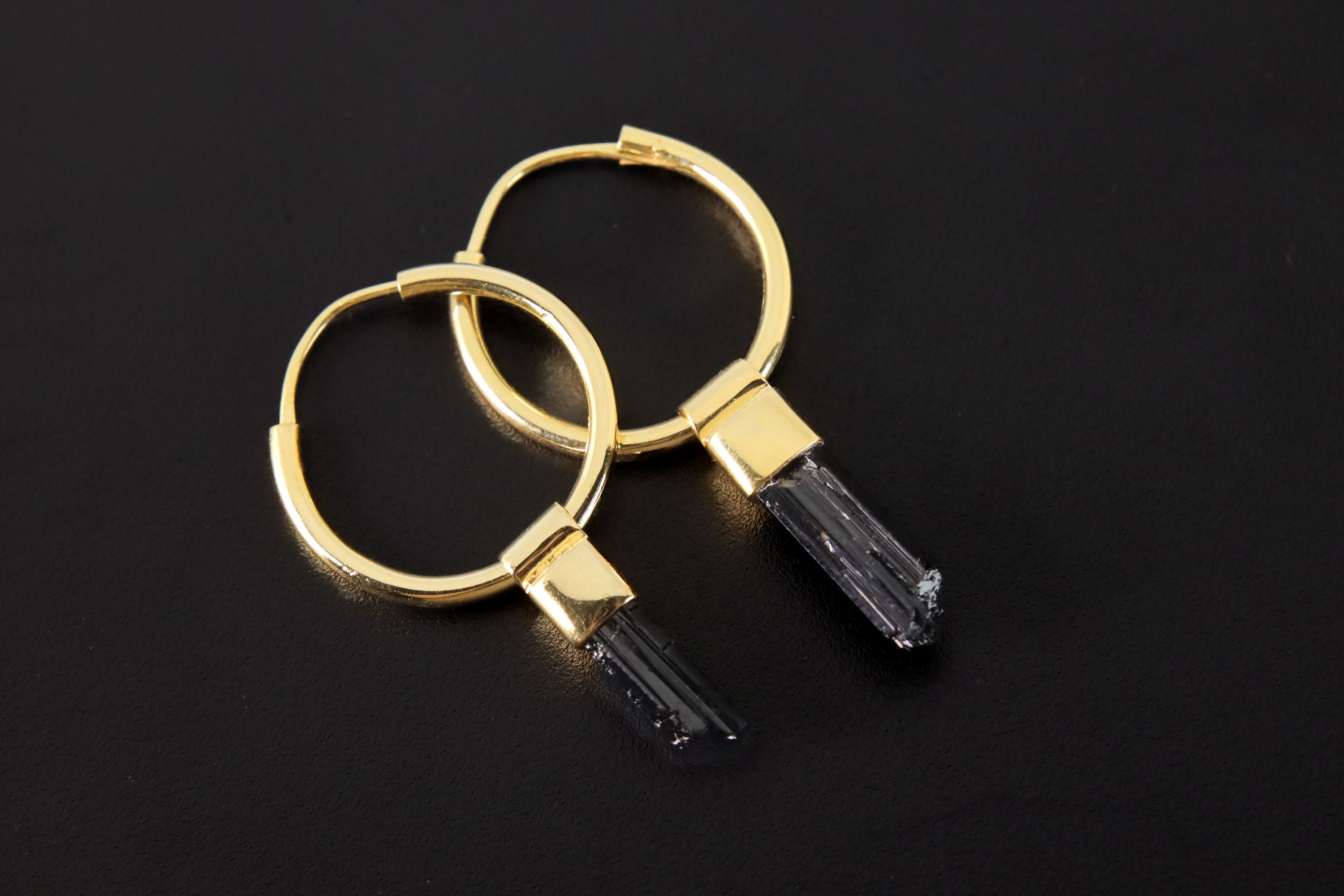 Raw Black Tourmaline Wands, Gold Plated Sterling Silver, Large Dangle Hoop Crystal Earring Pair - Healing, Chakra, Unique Gift