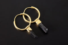 Raw Black Tourmaline Wands, Gold Plated Sterling Silver, Large Dangle Hoop Crystal Earring Pair - Healing, Chakra, Unique Gift