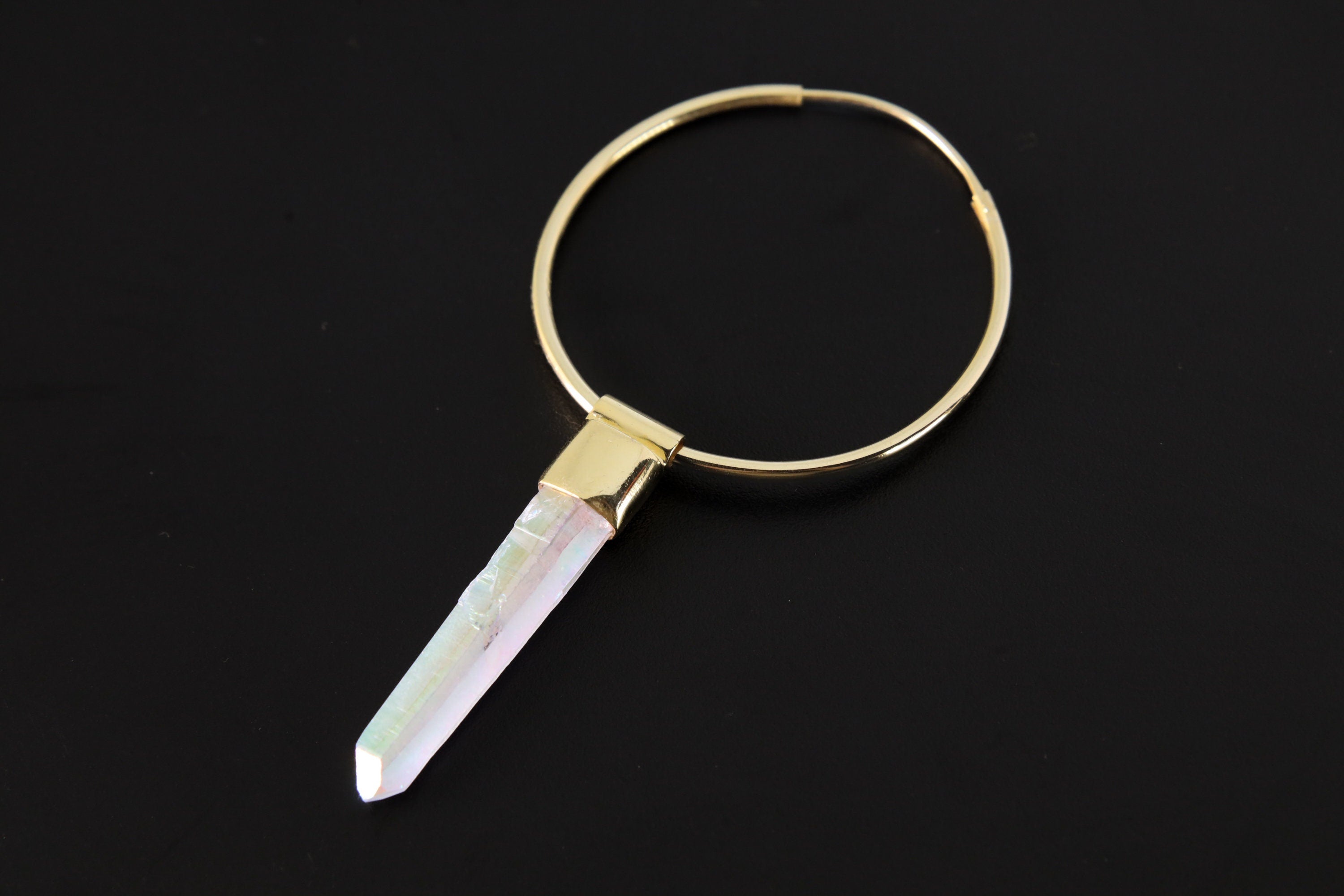 Single Piece Opal/Angel Aura Lemurian Quartz Point Dangle Hoop Earring, Gold Plated Sterling Silver Crown Chakra Jewelry Unique Gift