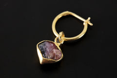 One Small Slice Rubelite Gem Pink Tourmaline Gold Plated Sterling Silver Dangle Hoop Crystals Earring, Healing Chakra Unique Gift