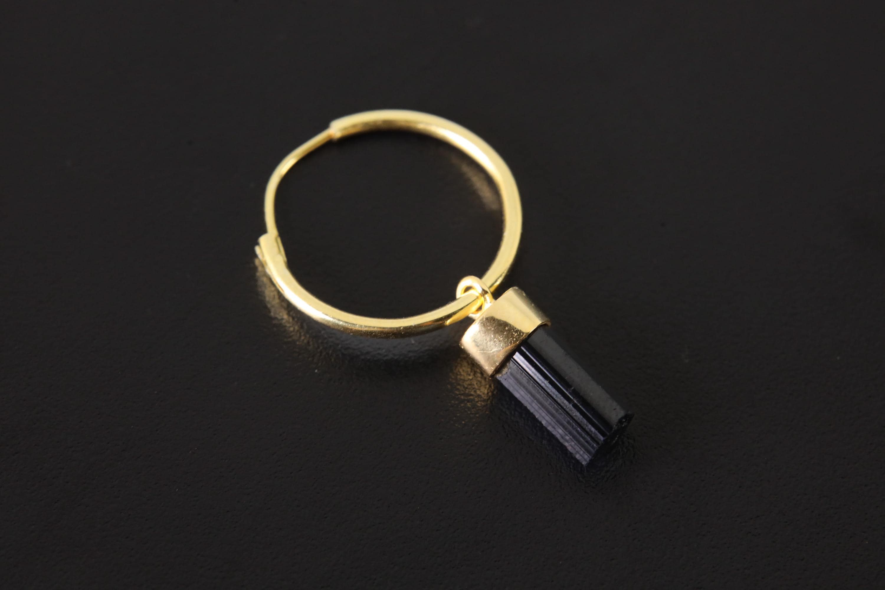 Single Black Tourmaline Dangle Hoop Earring, Gold Plated Sterling Silver, Protection and Focus, Root Chakra Jewelry, Unique Gift