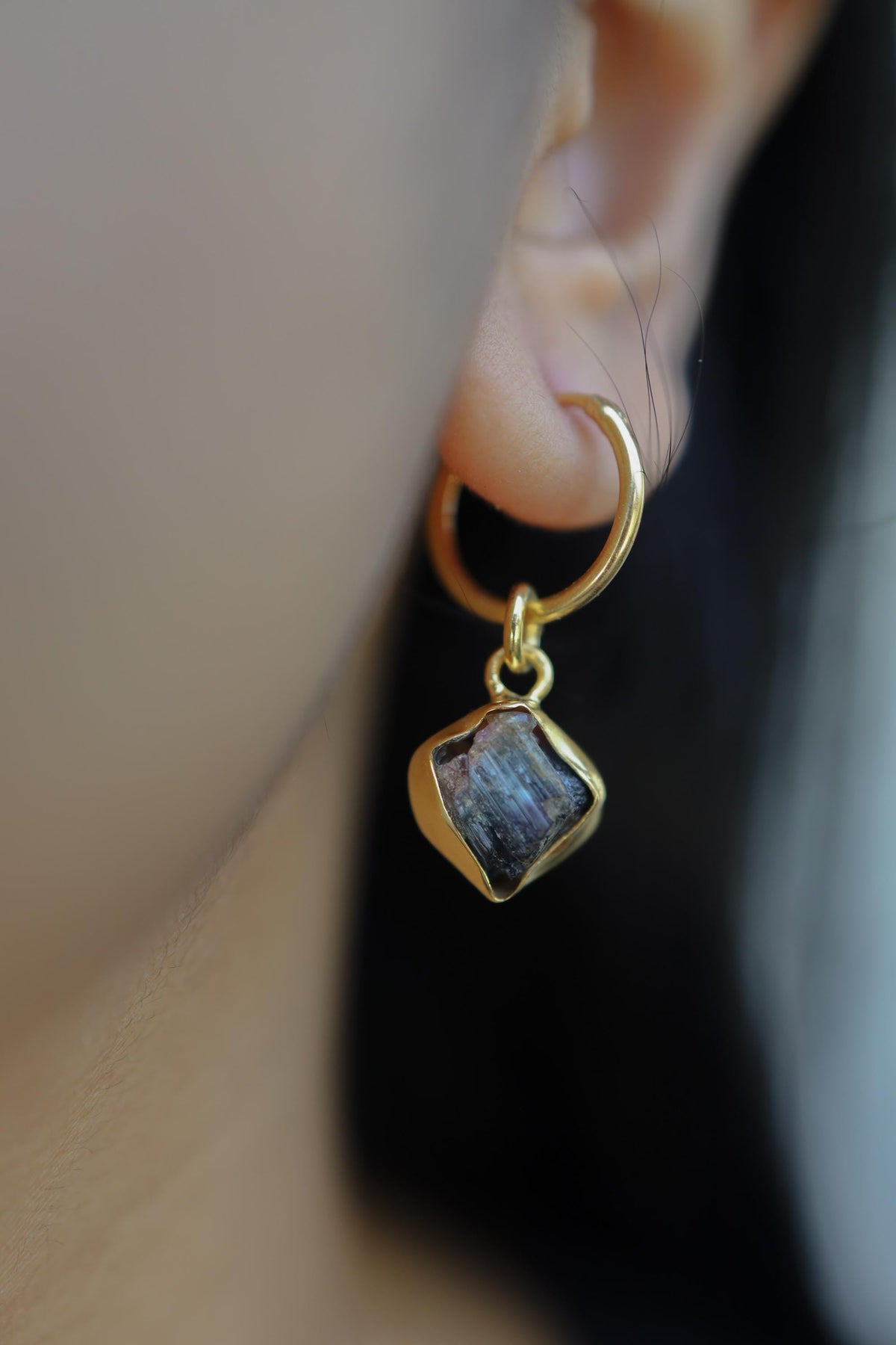 One Small Slice Rubelite Gem Pink Tourmaline Gold Plated Sterling Silver Dangle Hoop Crystals Earring, Healing Chakra Unique Gift