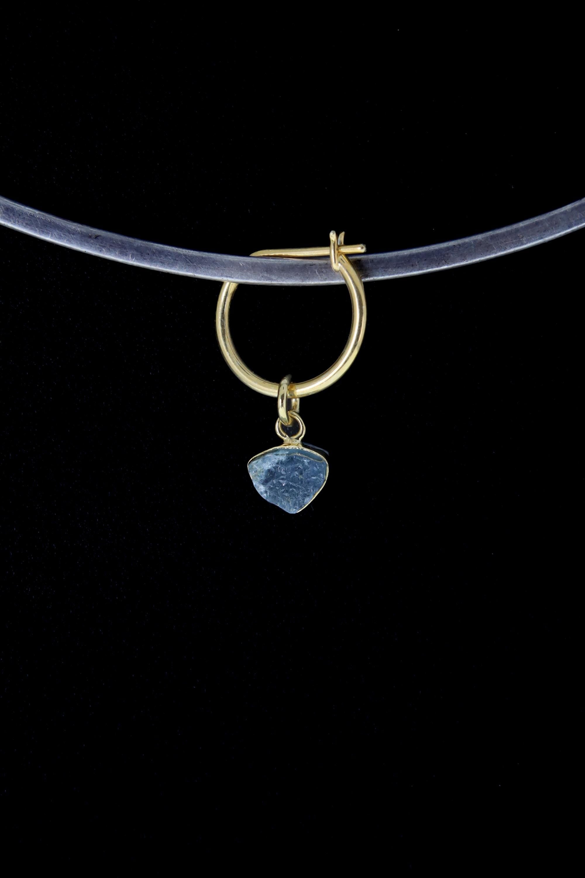 Single Small Slice Raw Blue Gem Tourmaline Dangle Hoop Earring, Gold Plated Sterling Silver, Healing Energy, Throat Chakra Jewelry