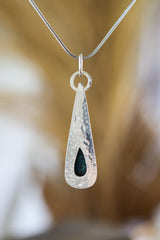 Chrysocolla Teardrop Pendant, Sterling Silver, Shiny & Hammer Texture Finish, Heart Chakra, Taurus Zodiac, Emotional Healing, Unique Gift