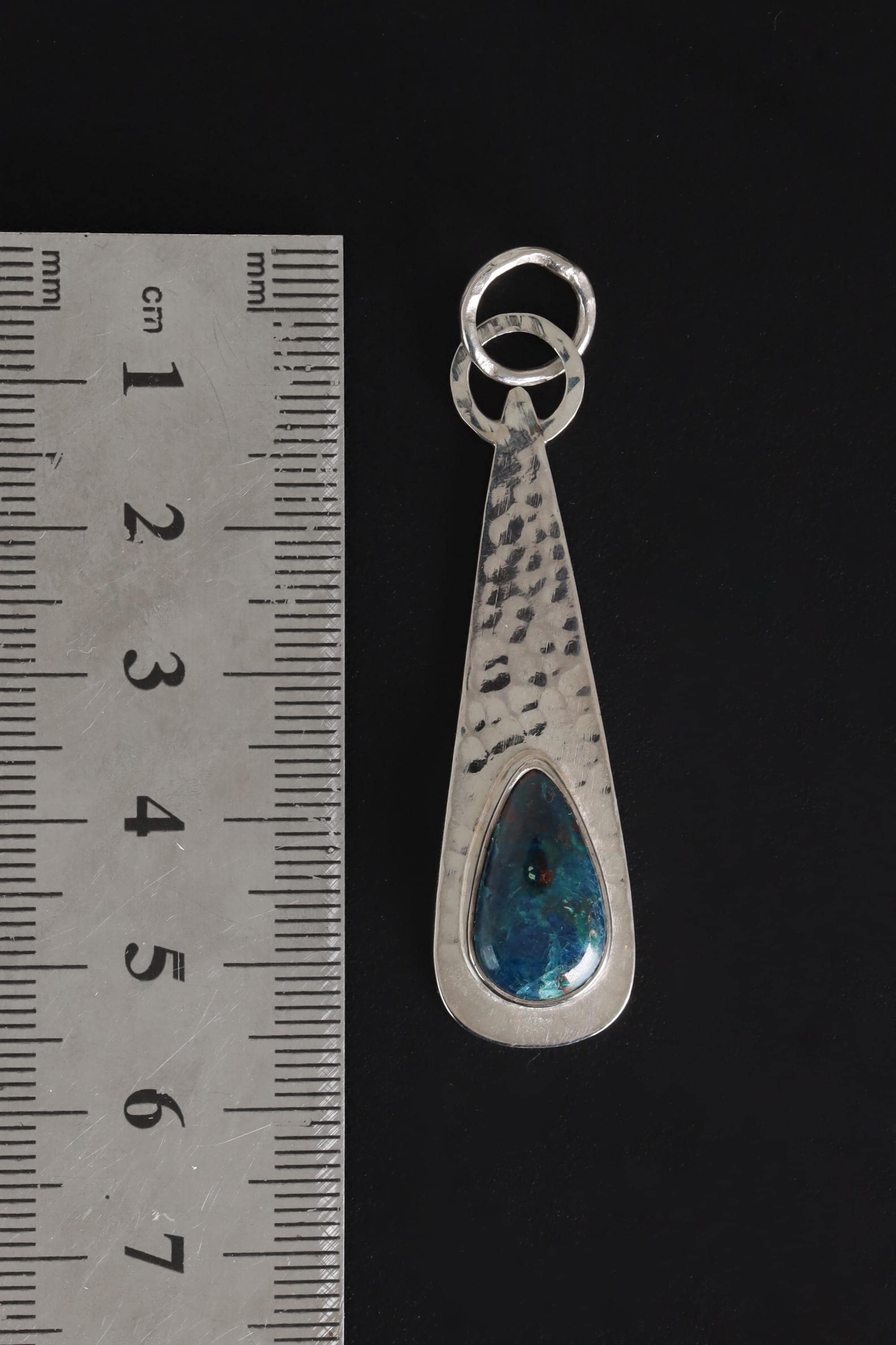 Chrysocolla Teardrop Pendant, Sterling Silver, Shiny & Hammer Texture Finish, Heart Chakra, Taurus Zodiac, Emotional Healing, Unique Gift