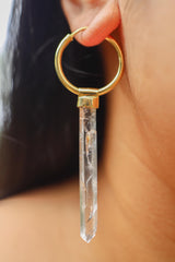 Single Long Australian Clear Lemurian Quartz Point Dangle Hoop Earring, Gold Plated Sterling Silver, Healing Crystal, Crown Chakra Jewelry