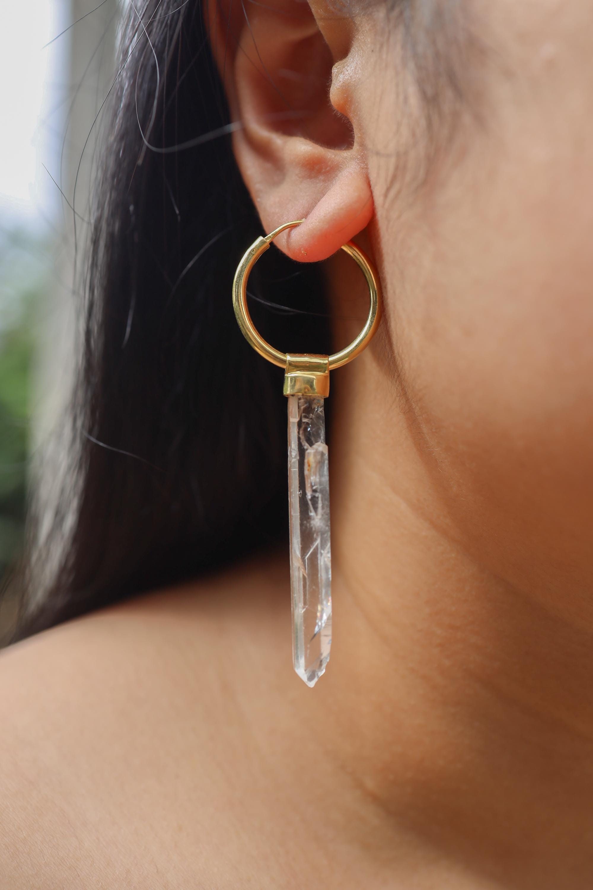 Single Long Australian Clear Lemurian Quartz Point Dangle Hoop Earring, Gold Plated Sterling Silver, Healing Crystal, Crown Chakra Jewelry