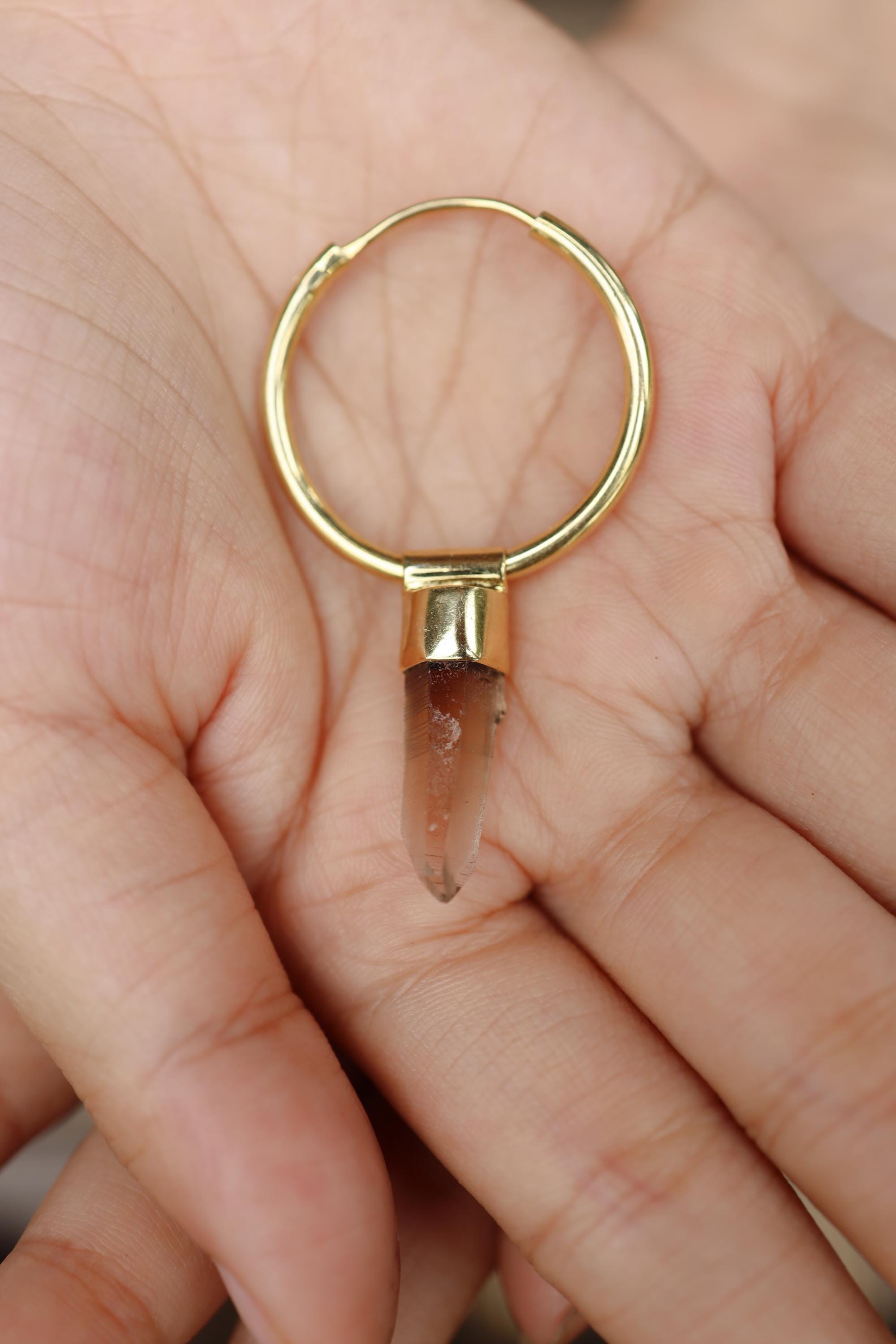 Single Australian Lemurian Laser Citrine Dangle Hoop Earring, Gold Plated Sterling Silver, Prosperity , Solar Plexus Chakra Unique Gift