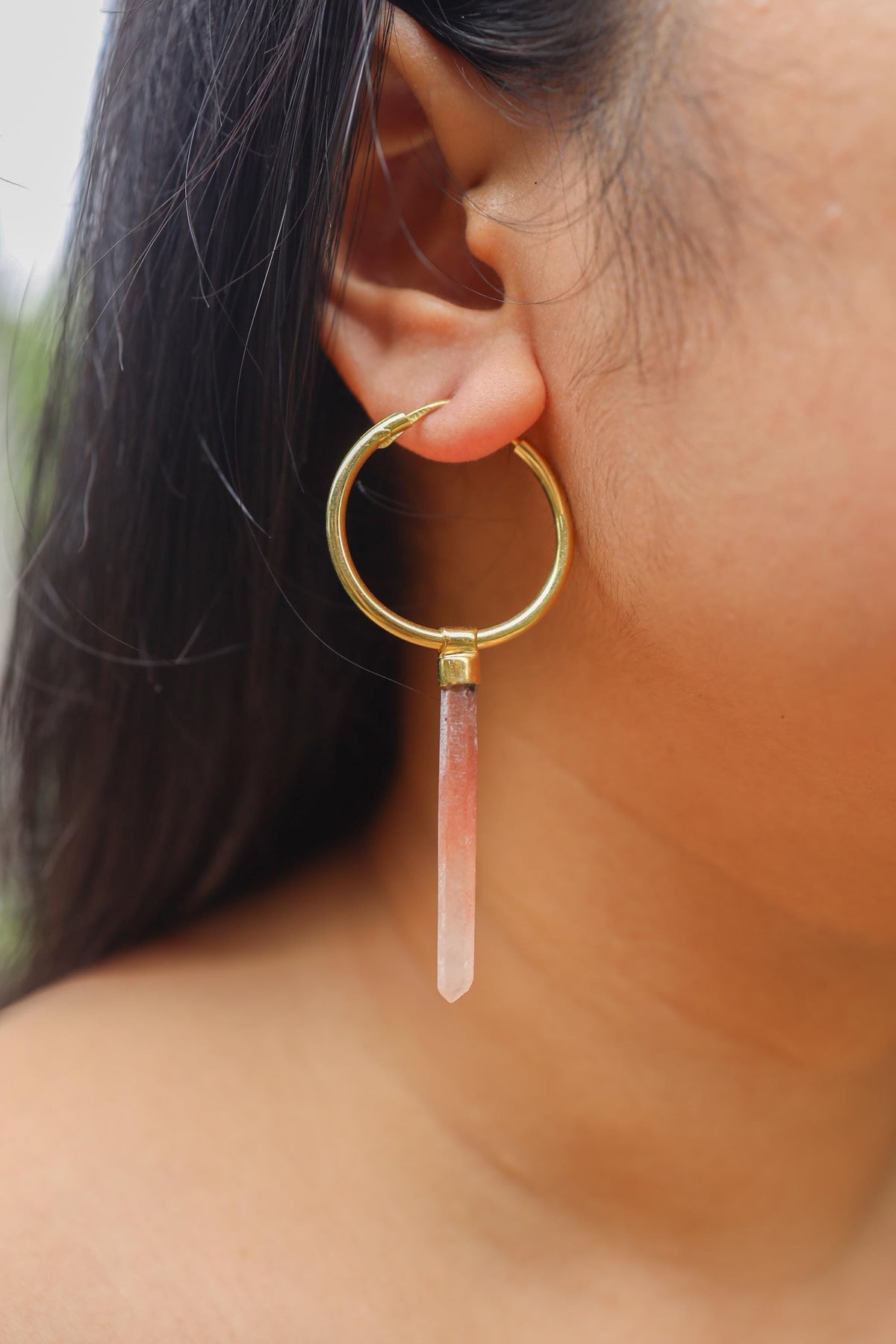 Single Piece Australian Needle Lithium Quartz Point Dangle Hoop Earring, Gold Plated Sterling Silver, Anxiety Relief, Unique Gift