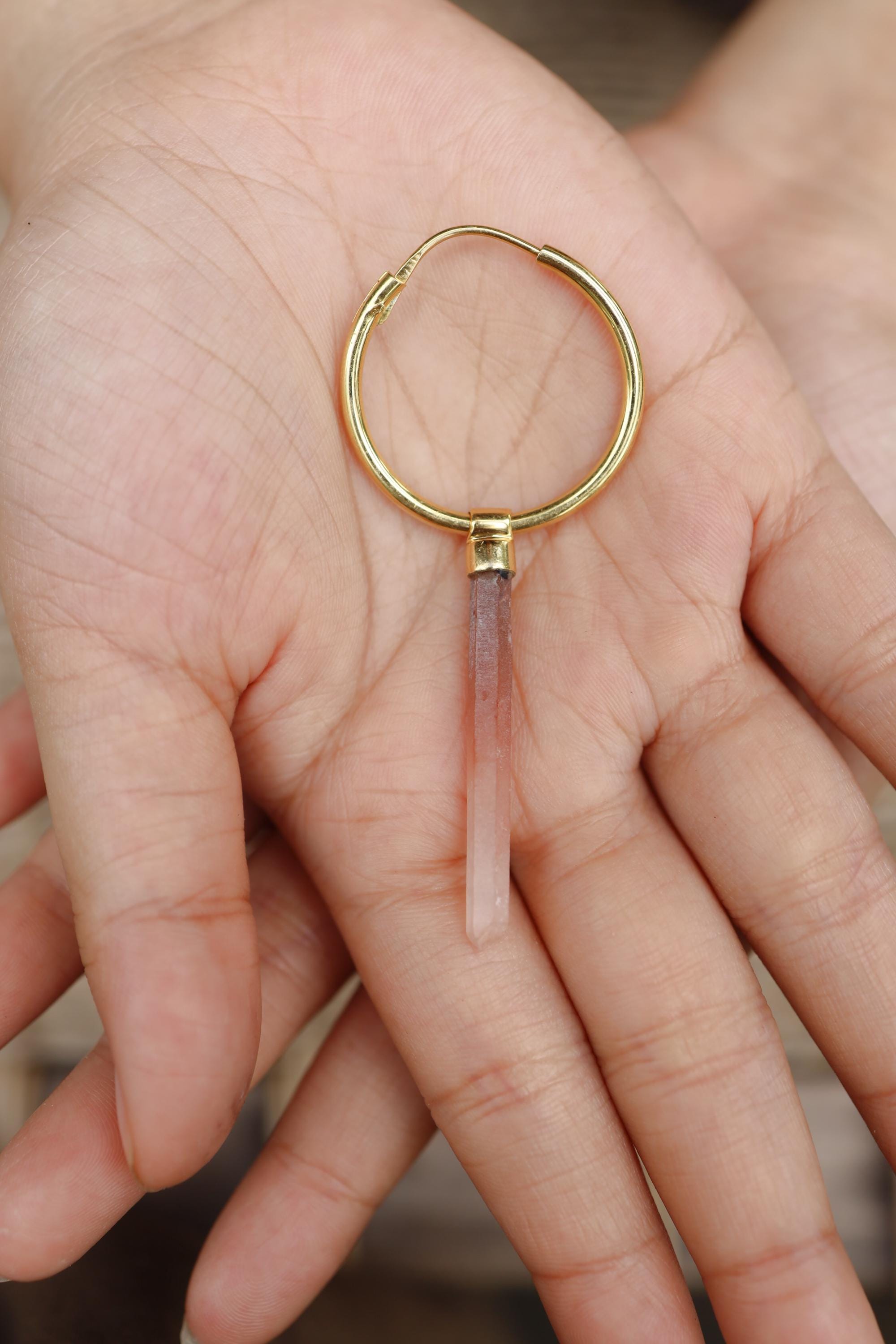 Single Piece Australian Needle Lithium Quartz Point Dangle Hoop Earring, Gold Plated Sterling Silver, Anxiety Relief, Unique Gift