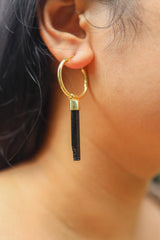 Natural Black Tourmaline Dangle Hoop Earring, Set in Gold Plated Sterling Silver Cap, Heart Chakra, Emotional Healing, Unique Gift