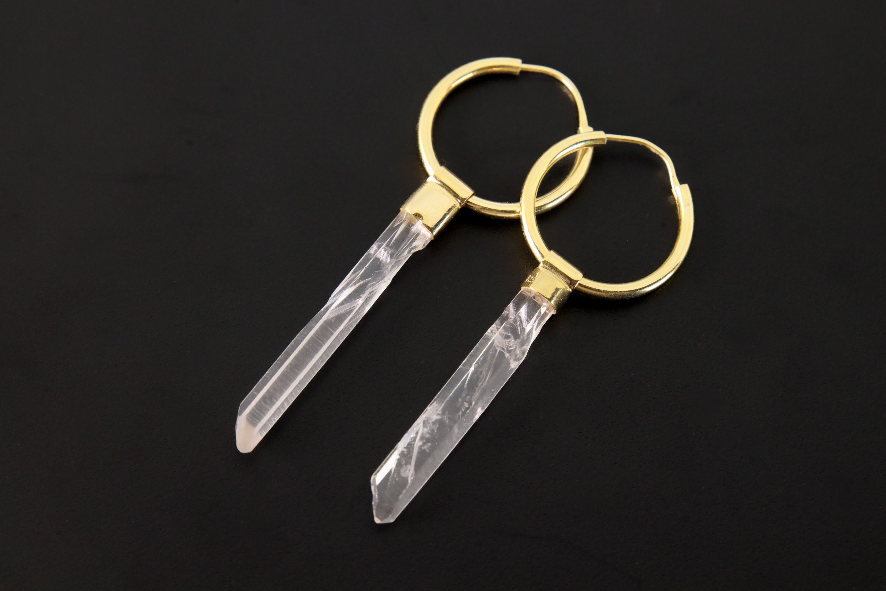 Large Australian Clear Singing Quartz Point, Gold Plated Sterling Silver, Large Dangle Hoop Crystal Earring - Healing, Chakra, Gift.