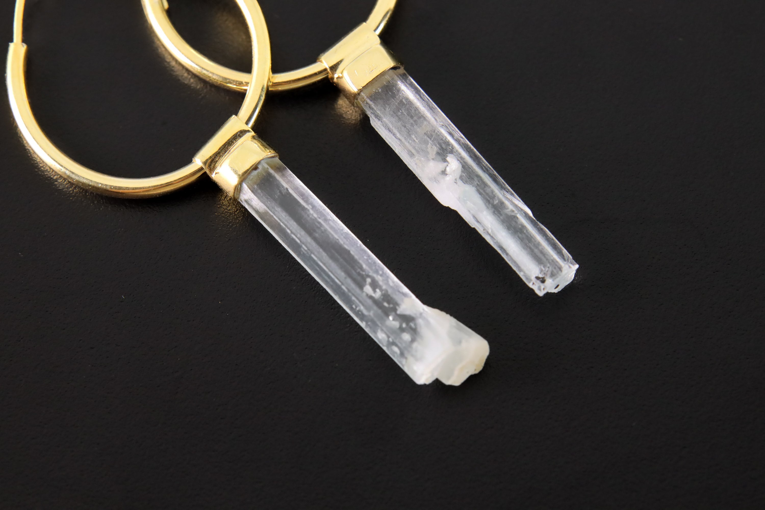 Large Australian Clear Gem Aquamarine Wands, Gold Plated Sterling Silver, Large Dangle Hoop Crystal Earring Pair - Healing, Chakra, Gift