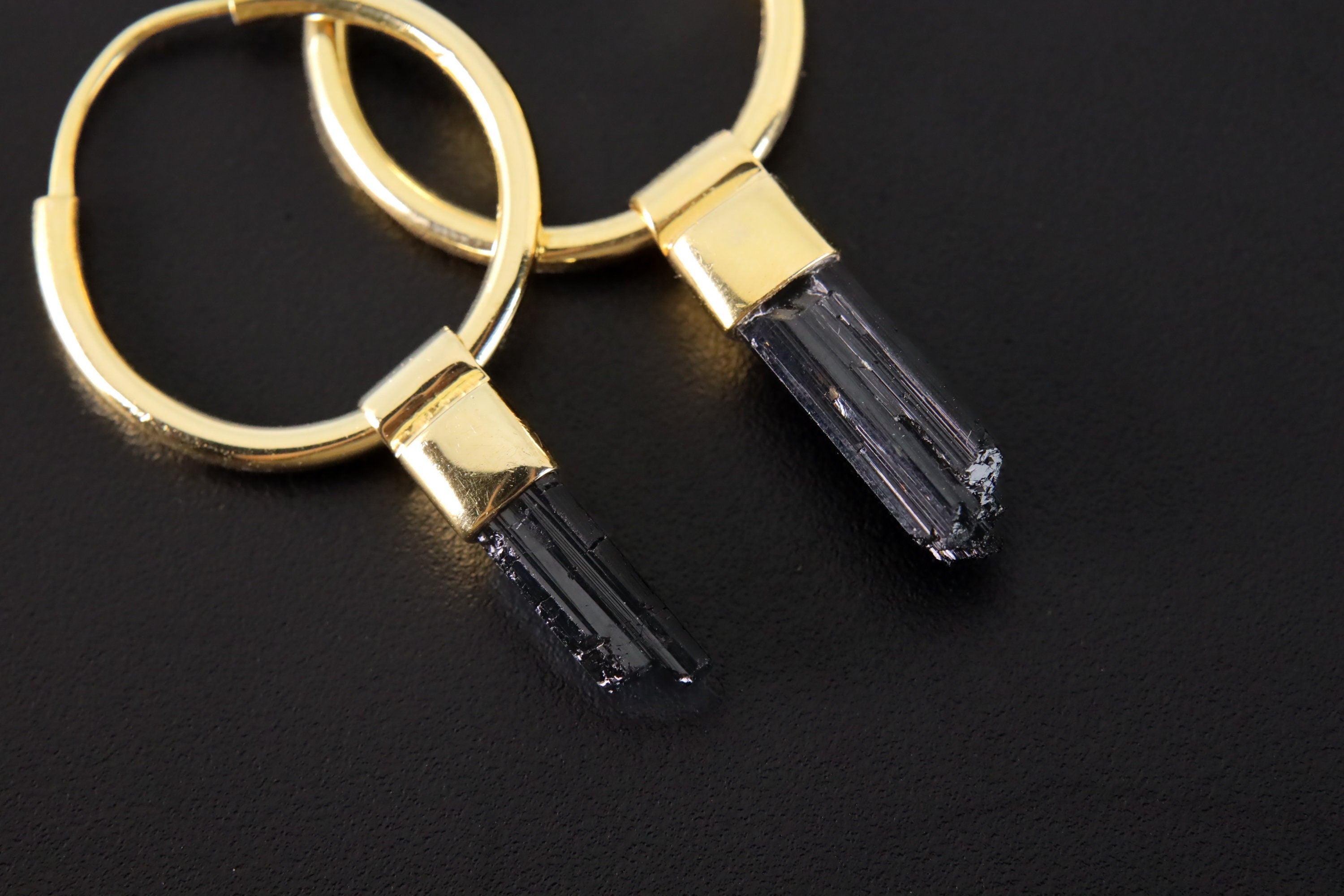 Raw Black Tourmaline Wands, Gold Plated Sterling Silver, Large Dangle Hoop Crystal Earring Pair - Healing, Chakra, Unique Gift