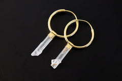 Australian Clear Gem Aquamarine, Gold Plated Sterling Silver, Large Dangle Hoop Crystal Earring Pair - Healing, Chakra, Gift