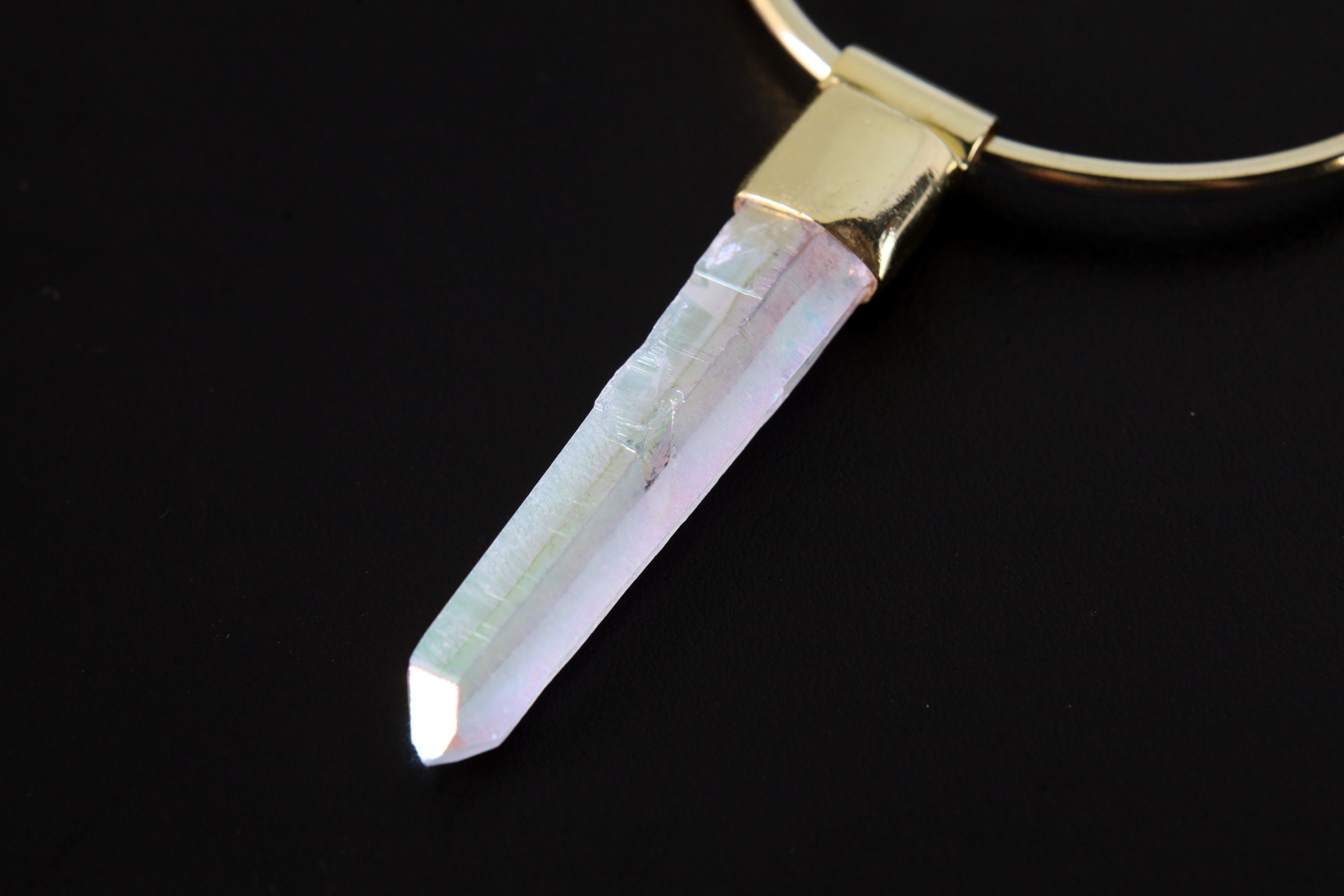 Single Piece Opal/Angel Aura Lemurian Quartz Point Dangle Hoop Earring, Gold Plated Sterling Silver Crown Chakra Jewelry Unique Gift