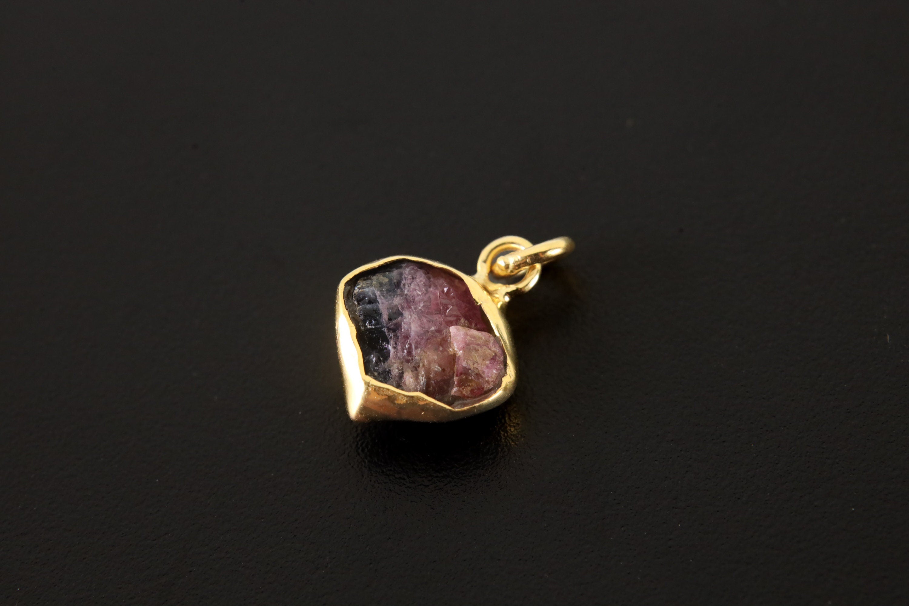 One Small Slice Rubelite Gem Pink Tourmaline Gold Plated Sterling Silver Dangle Hoop Crystals Earring, Healing Chakra Unique Gift