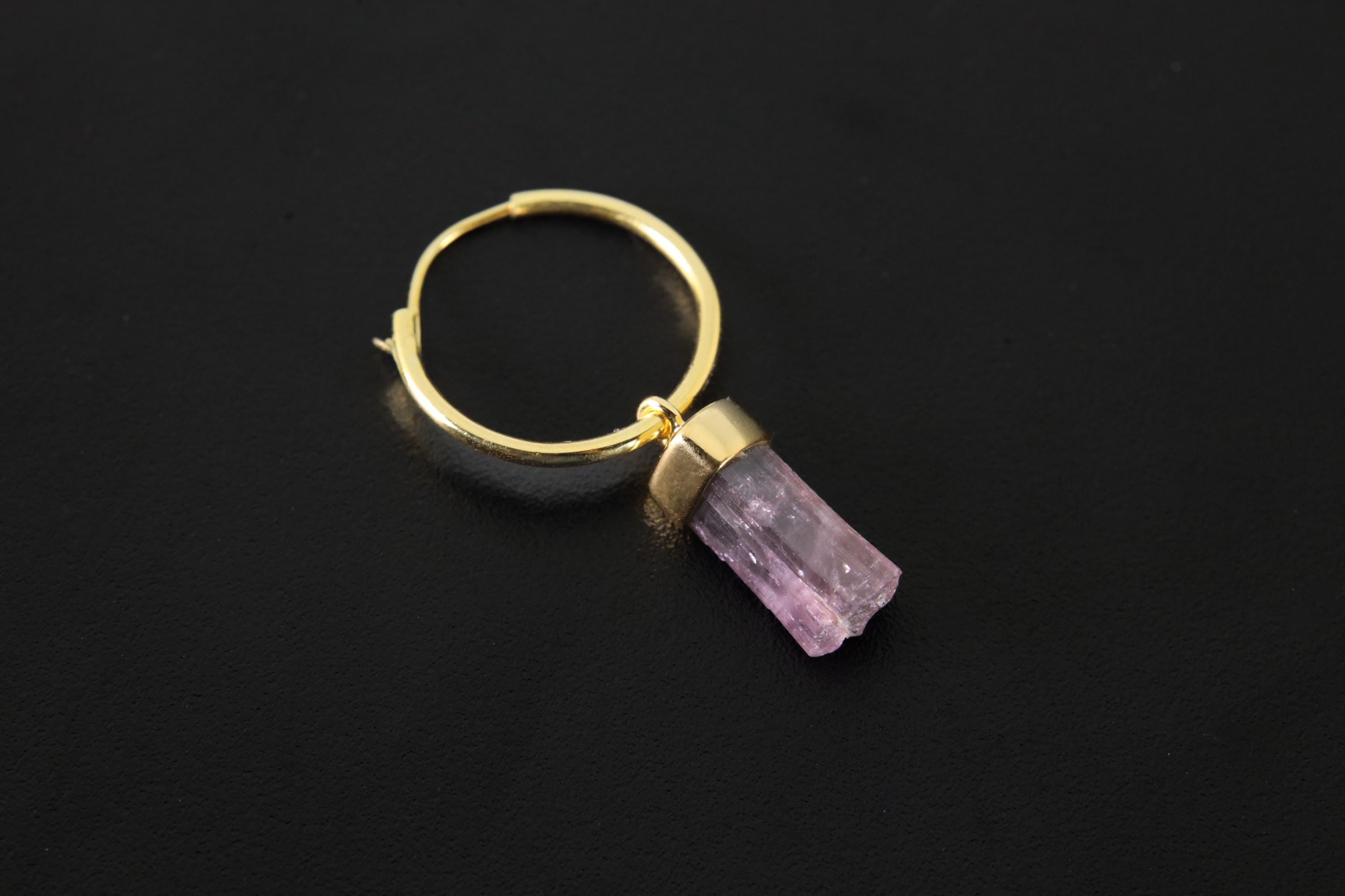 Single Pink Tourmaline Dangle Hoop Earring, Set in Sterling Silver and Gold Plated, Heart Chakra, Crystal Jewelry, Unique Gift