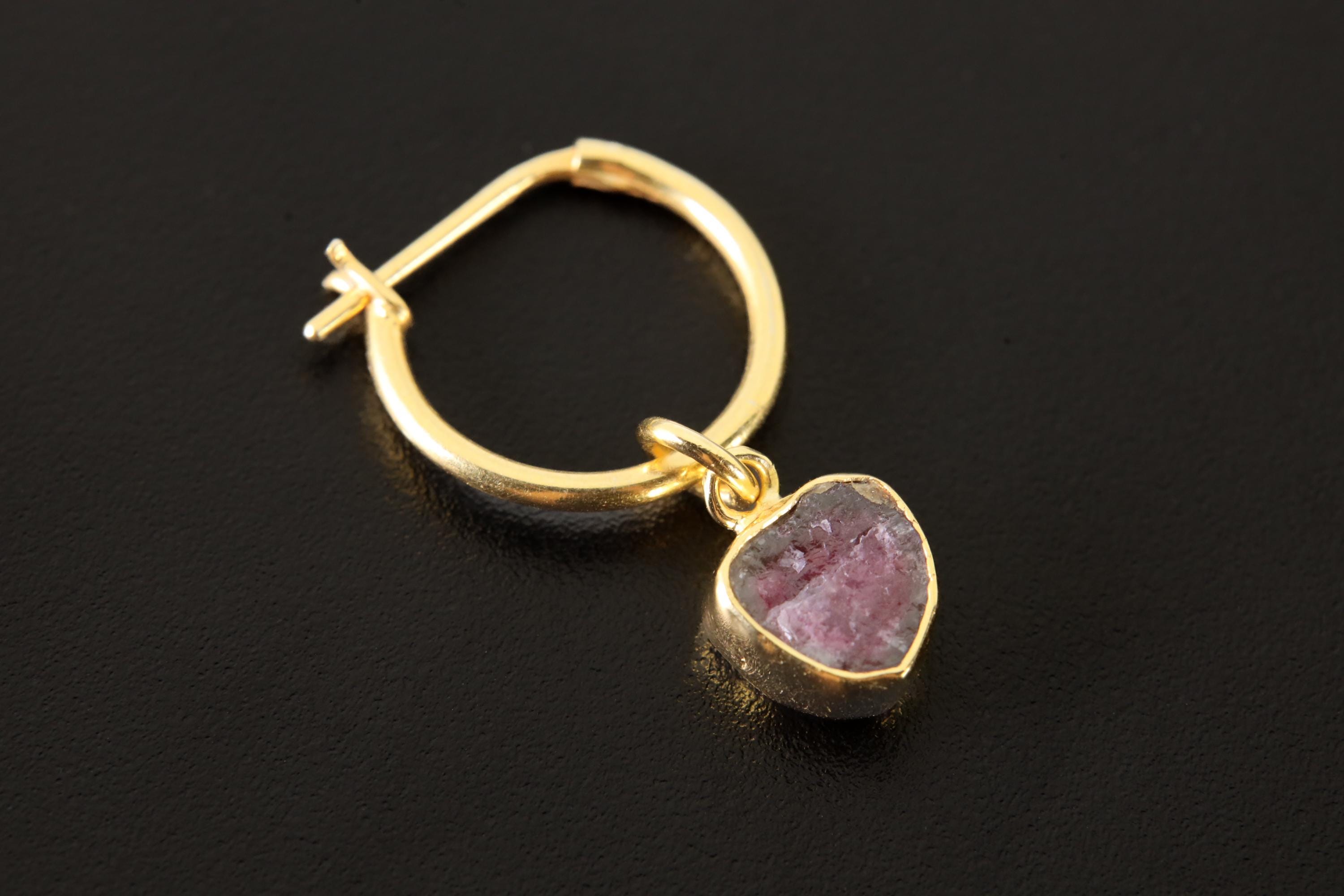 Single Piece Small Slice Watermelon Tourmaline Dangle Hoop Earring, Gold Plated Sterling Silver, Heart Healing, Heart Chakra, Unique Gift