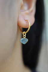 Single Small Slice Raw Blue Gem Tourmaline Dangle Hoop Earring, Gold Plated Sterling Silver, Healing Energy, Throat Chakra Jewelry