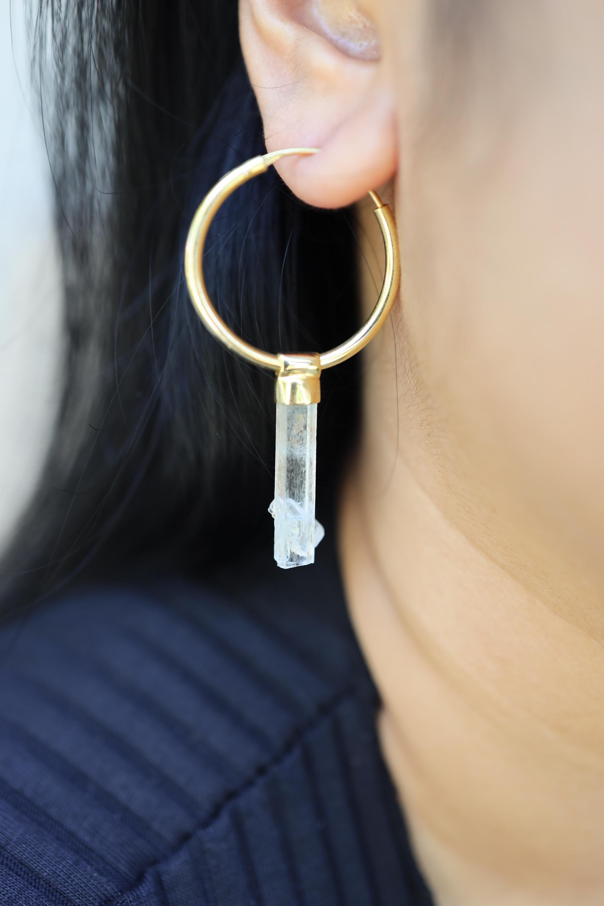 Australian Clear Gem Aquamarine, Gold Plated Sterling Silver, Large Dangle Hoop Crystal Earring Pair - Healing, Chakra, Gift