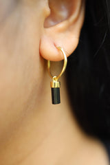 Single Black Tourmaline Dangle Hoop Earring, Gold Plated Sterling Silver, Protection and Focus, Root Chakra Jewelry, Unique Gift