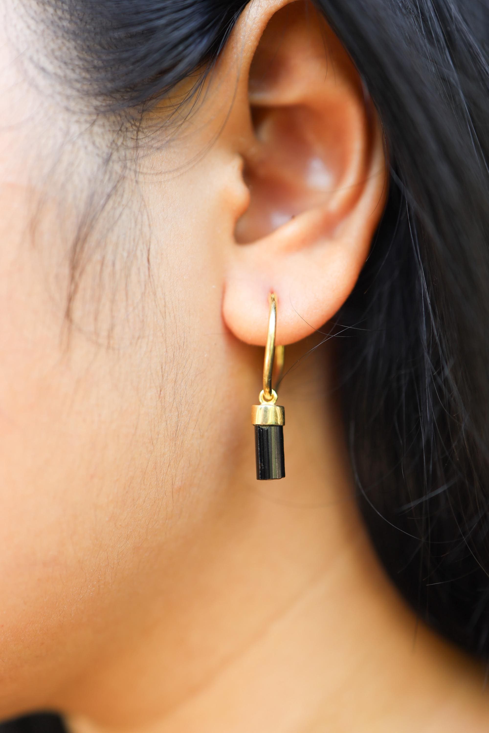 Single Black Tourmaline Dangle Hoop Earring, Gold Plated Sterling Silver, Protection and Focus, Root Chakra Jewelry, Unique Gift