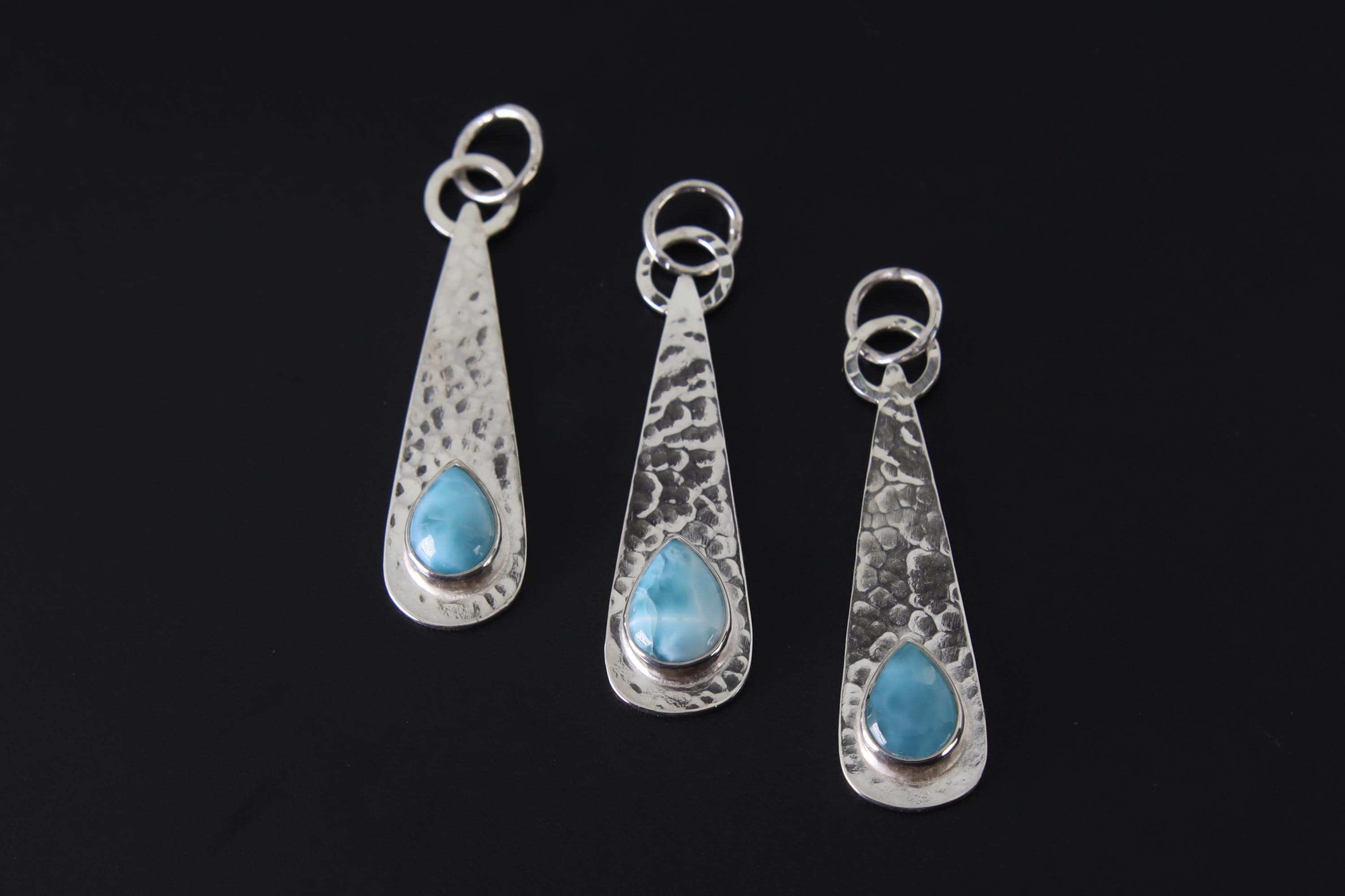 Larimar Teardrop Pendant Necklace, Sterling Silver, Shiny & Hammer Texture Finish, Throat Chakra, Pisces Zodiac, Calming Energy, Unique Gift