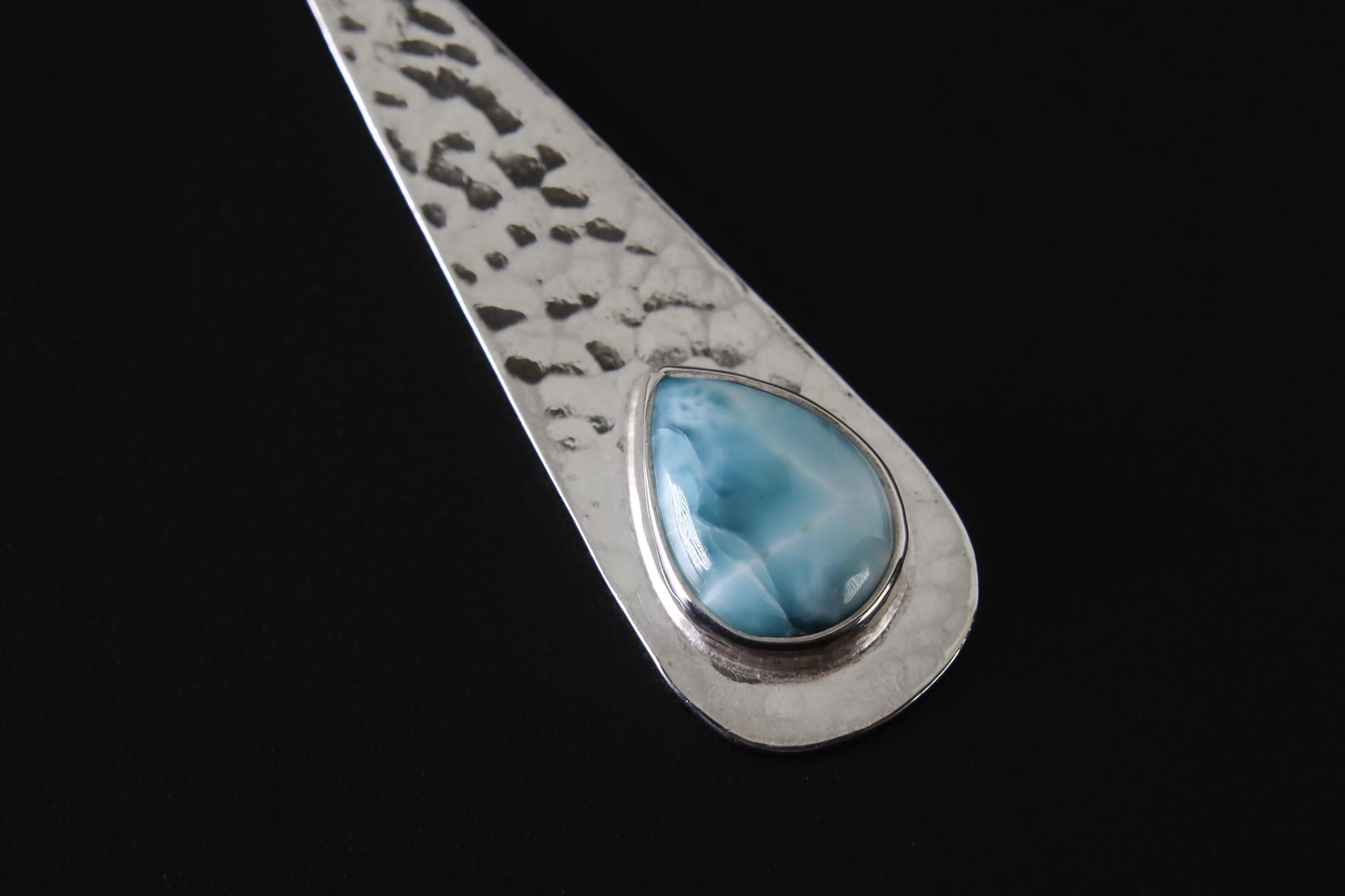 Larimar Teardrop Pendant Necklace, Sterling Silver, Shiny & Hammer Texture Finish, Throat Chakra, Pisces Zodiac, Calming Energy, Unique Gift