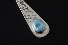 Larimar Teardrop Pendant Necklace, Sterling Silver, Shiny & Hammer Texture Finish, Throat Chakra, Pisces Zodiac, Calming Energy, Unique Gift