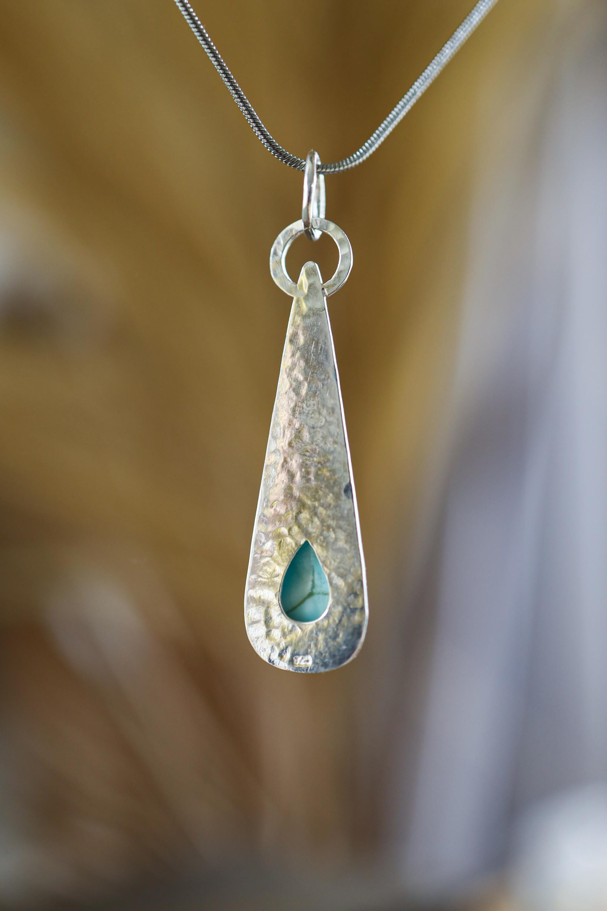 Larimar Teardrop Pendant Necklace, Sterling Silver, Shiny & Hammer Texture Finish, Throat Chakra, Pisces Zodiac, Calming Energy, Unique Gift