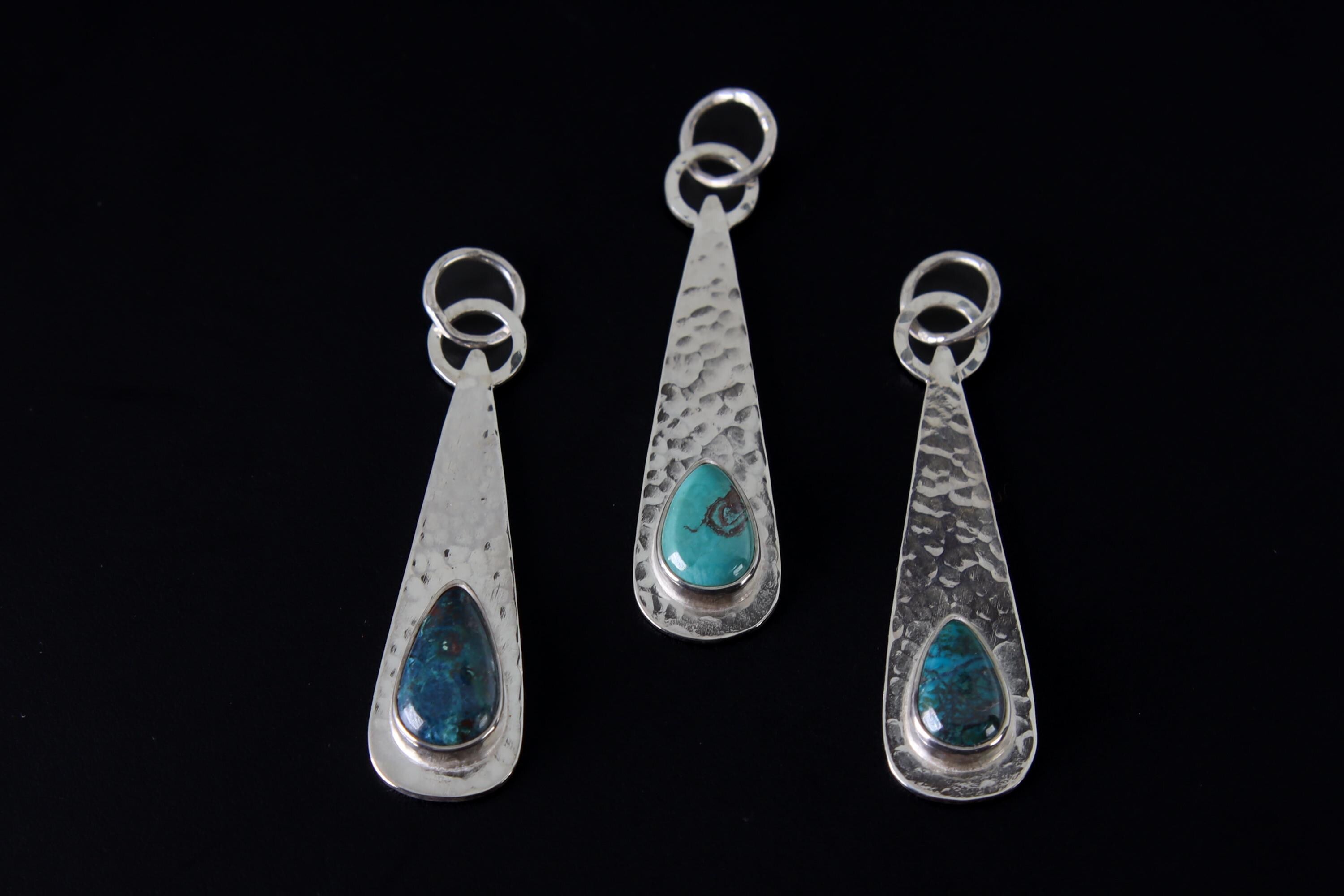 Chrysocolla Teardrop Pendant, Sterling Silver, Shiny & Hammer Texture Finish, Heart Chakra, Taurus Zodiac, Emotional Healing, Unique Gift