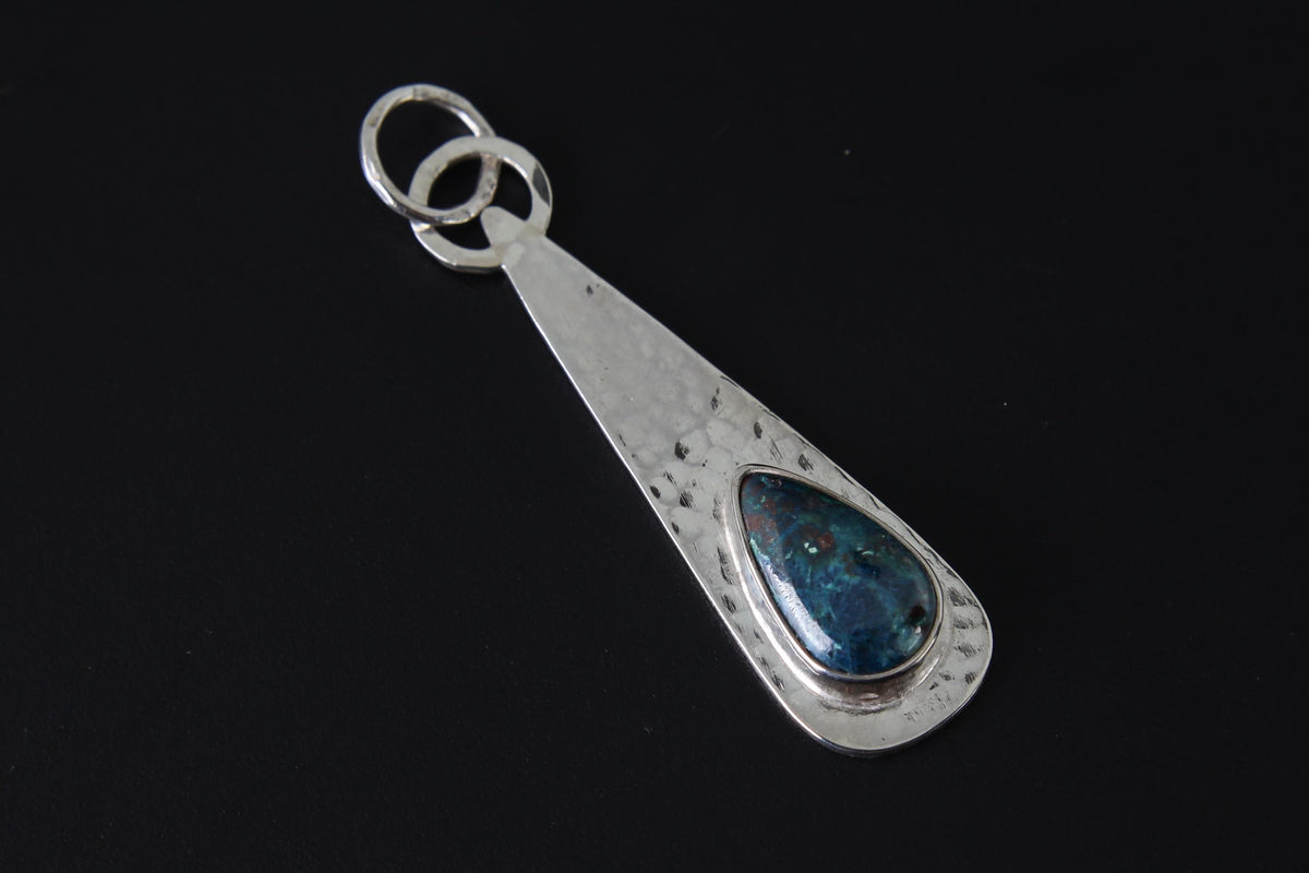 Chrysocolla Teardrop Pendant, Sterling Silver, Shiny & Hammer Texture Finish, Heart Chakra, Taurus Zodiac, Emotional Healing, Unique Gift