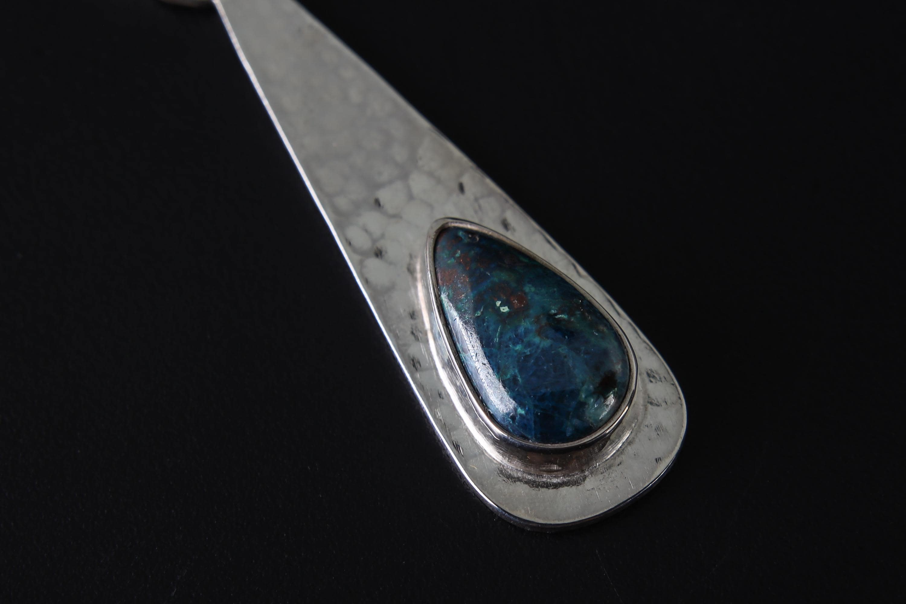 Chrysocolla Teardrop Pendant, Sterling Silver, Shiny & Hammer Texture Finish, Heart Chakra, Taurus Zodiac, Emotional Healing, Unique Gift