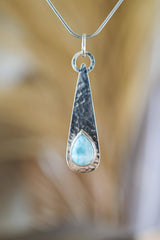 Larimar Teardrop Pendant Necklace, Sterling Silver, Shiny & Hammer Texture Finish, Throat Chakra, Pisces Zodiac, Calming Energy, Unique Gift