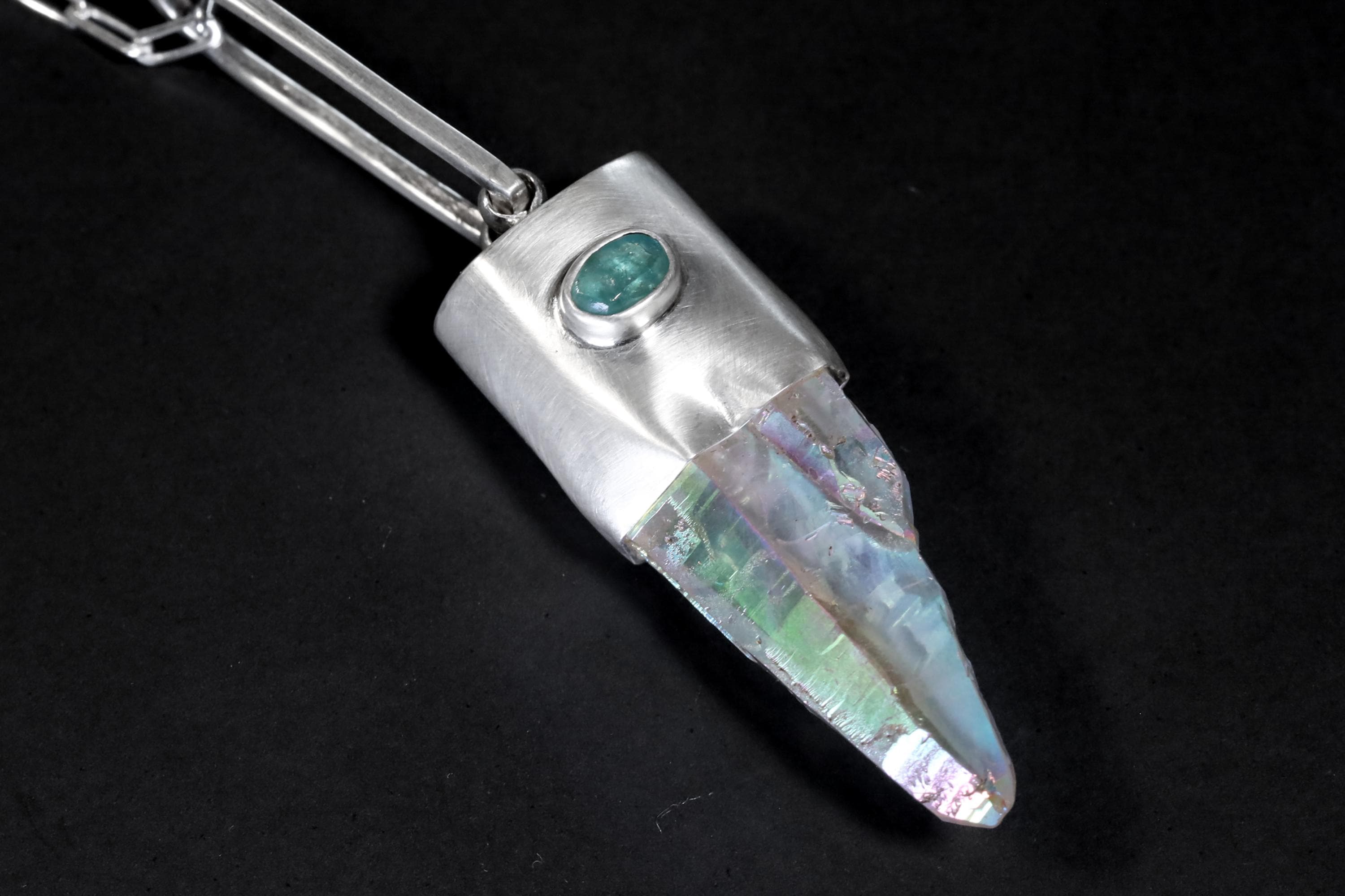 Double Terminated Lemurian Laser Opal/Angel Aura Quartz Point with Oval Shaped Gem Apatite Cabochon, Throat & Crown Chakra, Unique Gift