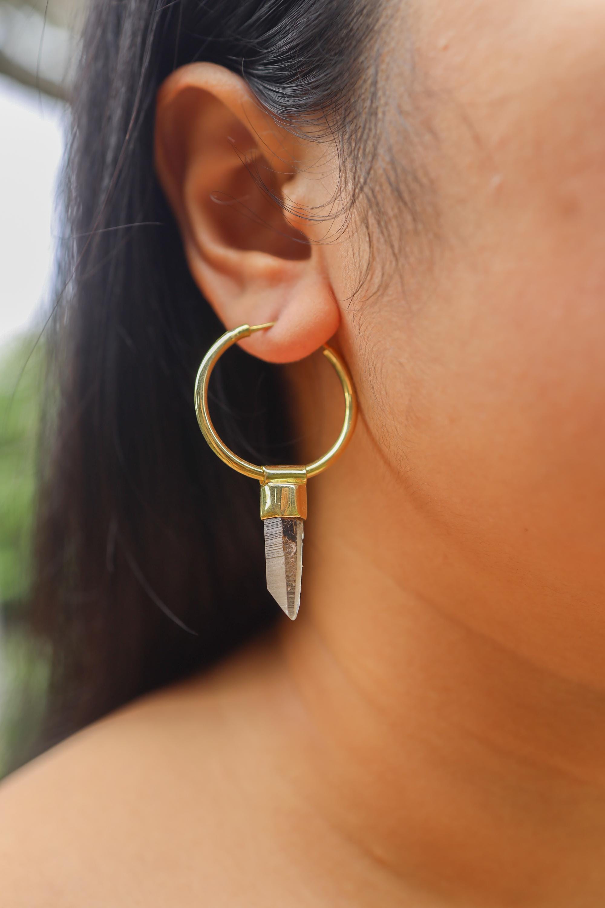 Single Australian Lemurian Laser Citrine Dangle Hoop Earring, Gold Plated Sterling Silver, Prosperity , Solar Plexus Chakra Unique Gift