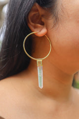 Single Piece Opal/Angel Aura Lemurian Quartz Point Dangle Hoop Earring, Gold Plated Sterling Silver Crown Chakra Jewelry Unique Gift