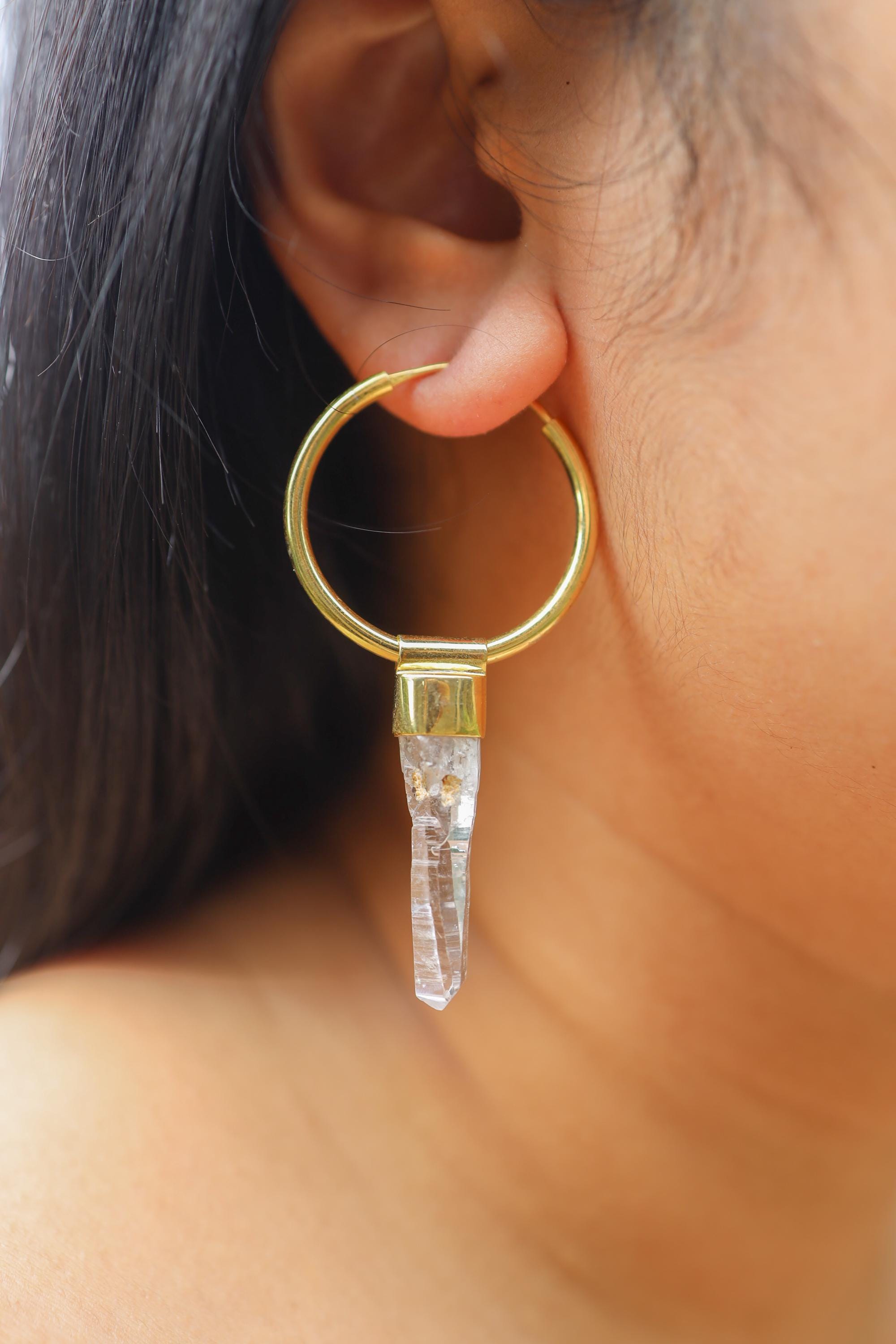 Single Piece Lemurian Laser Vera Cruz Amethyst Point Dangle Hoop Earring, Gold Plated Sterling Silver, Third Eye Chakra, Unique Gift