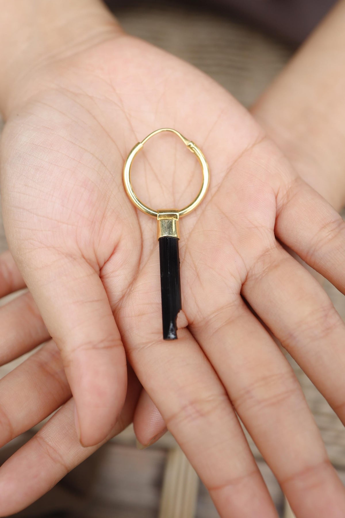 Natural Black Tourmaline Dangle Hoop Earring, Set in Gold Plated Sterling Silver Cap, Heart Chakra, Emotional Healing, Unique Gift