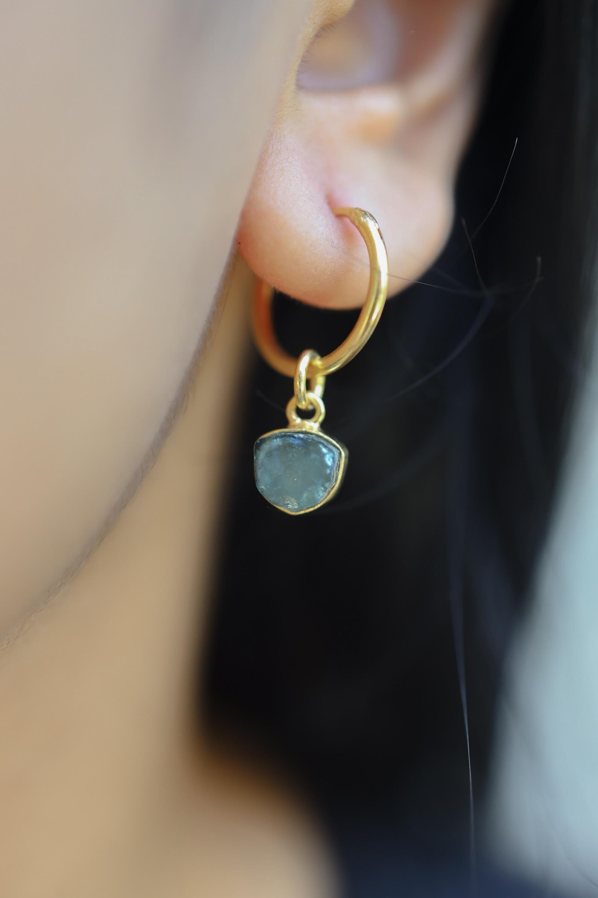 One Small Piece Slice Raw Blue Tourmaline, Gold Plated Sterling Silver, Dangle Hoop Earring - Throat Chakra, Libra Zodiac, Unique Gift