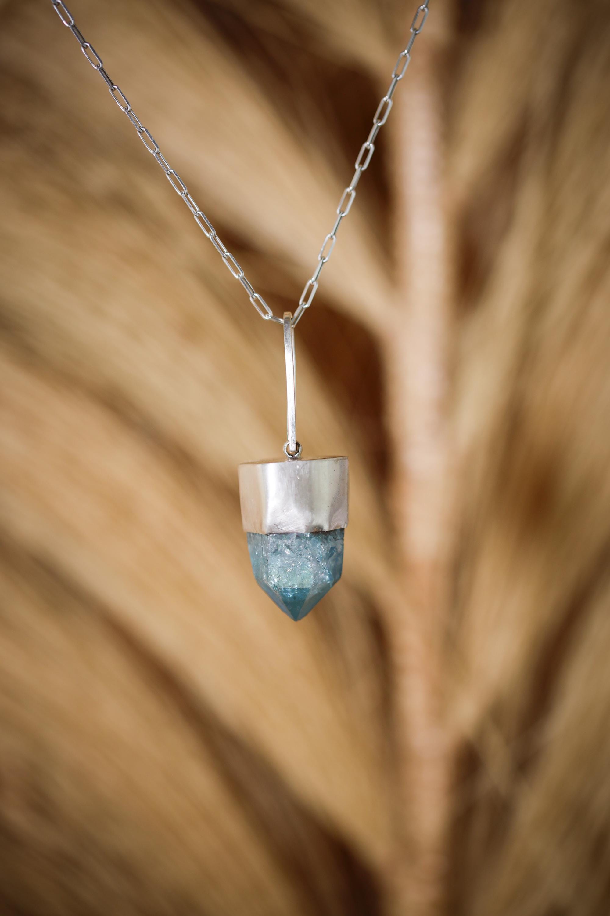 Generator Aqua Aura Quartz Point with Old Tibetan Turquoise Trade Bead, Sterling Silver Pendant, Throat & Third Eye Chakra, Unique Gift