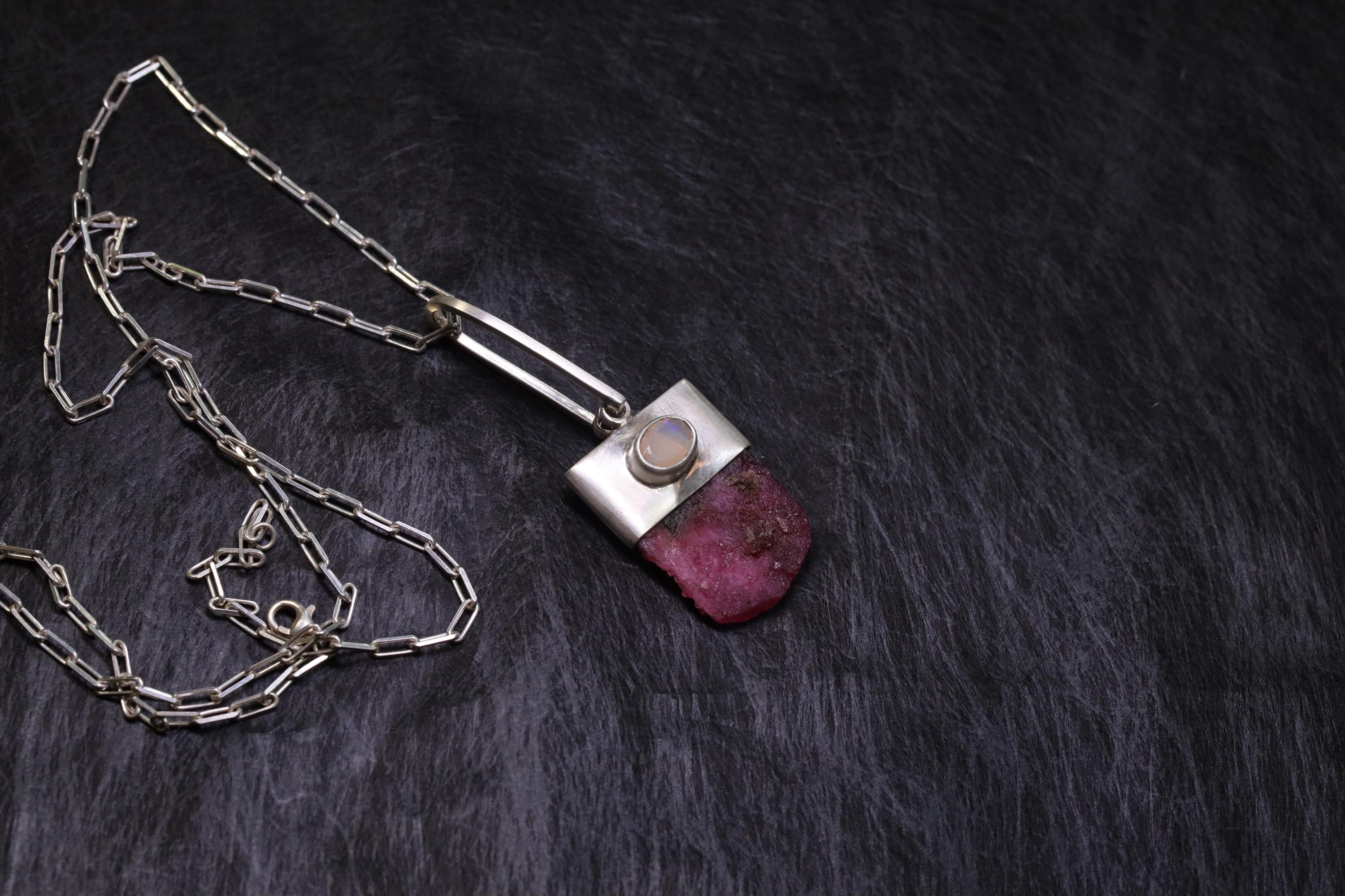 Large Chunky Natural Cambodian Hexagonal Ruby with Oval Faceted Rainbow Ethiopian Opal,Sterling Silver Pendant,Emotional Healing,Unique Gift