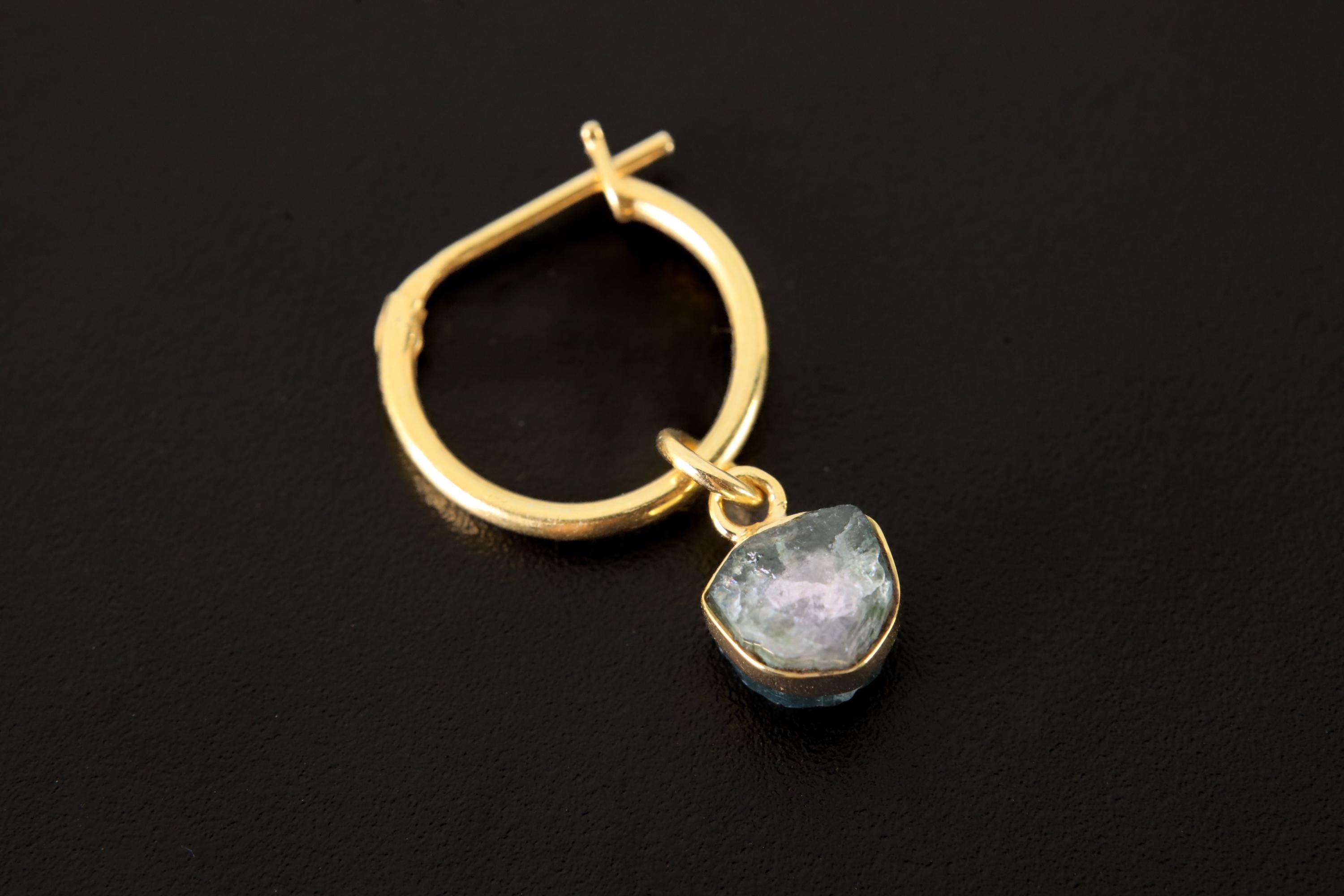 One Small Piece Slice Raw Blue Tourmaline, Gold Plated Sterling Silver, Dangle Hoop Earring - Throat Chakra, Libra Zodiac, Unique Gift