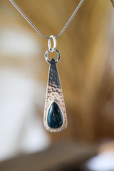 Chrysocolla Teardrop Pendant, Sterling Silver, Shiny & Hammer Texture Finish, Heart Chakra, Taurus Zodiac, Emotional Healing, Unique Gift