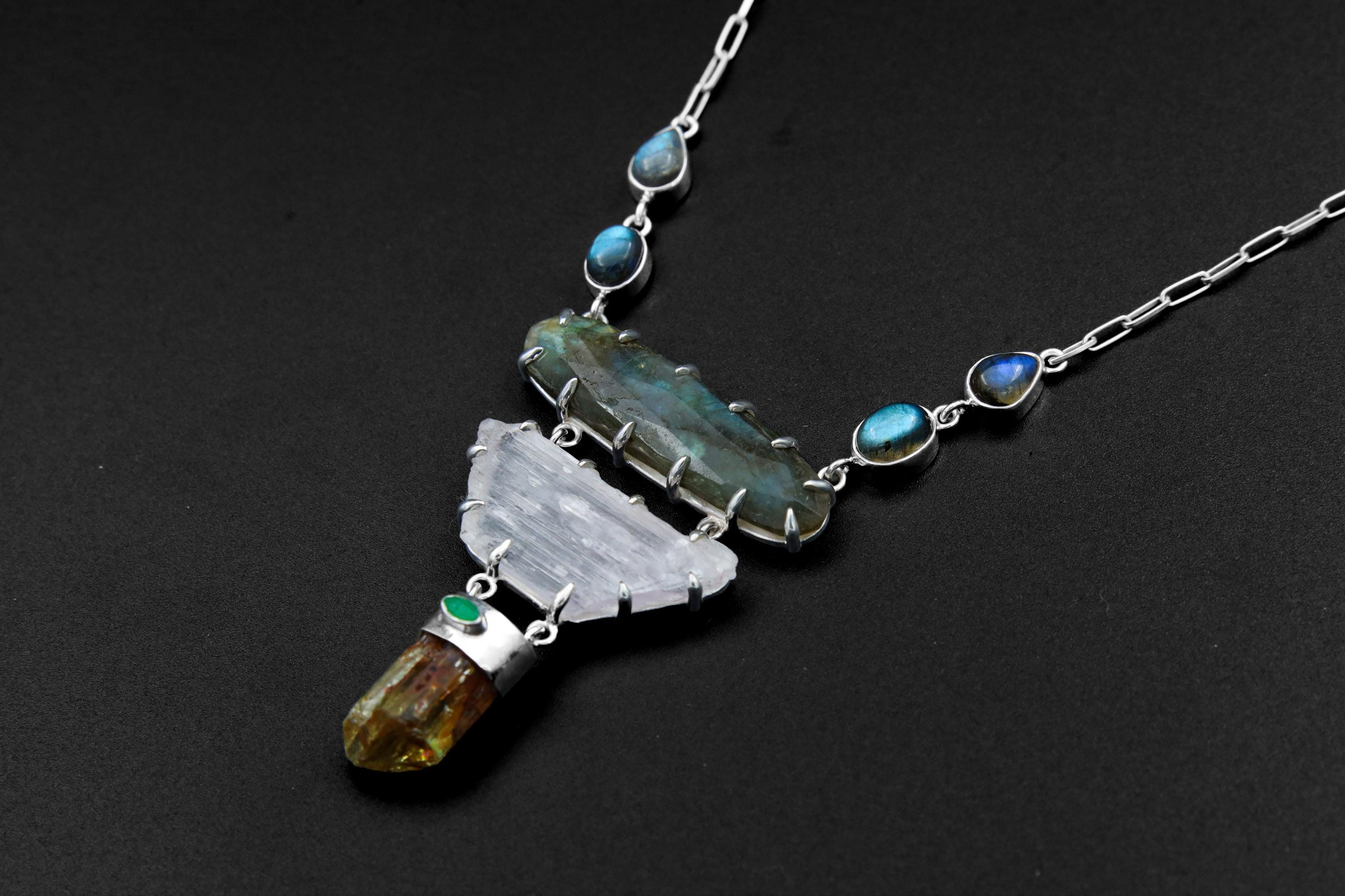 Harmony Labradorite Pendant with Yellow Apatite Kunzite & Australian Emerald Sterling Silver Necklace Chakra Healing Jewelry Gift Boho Style