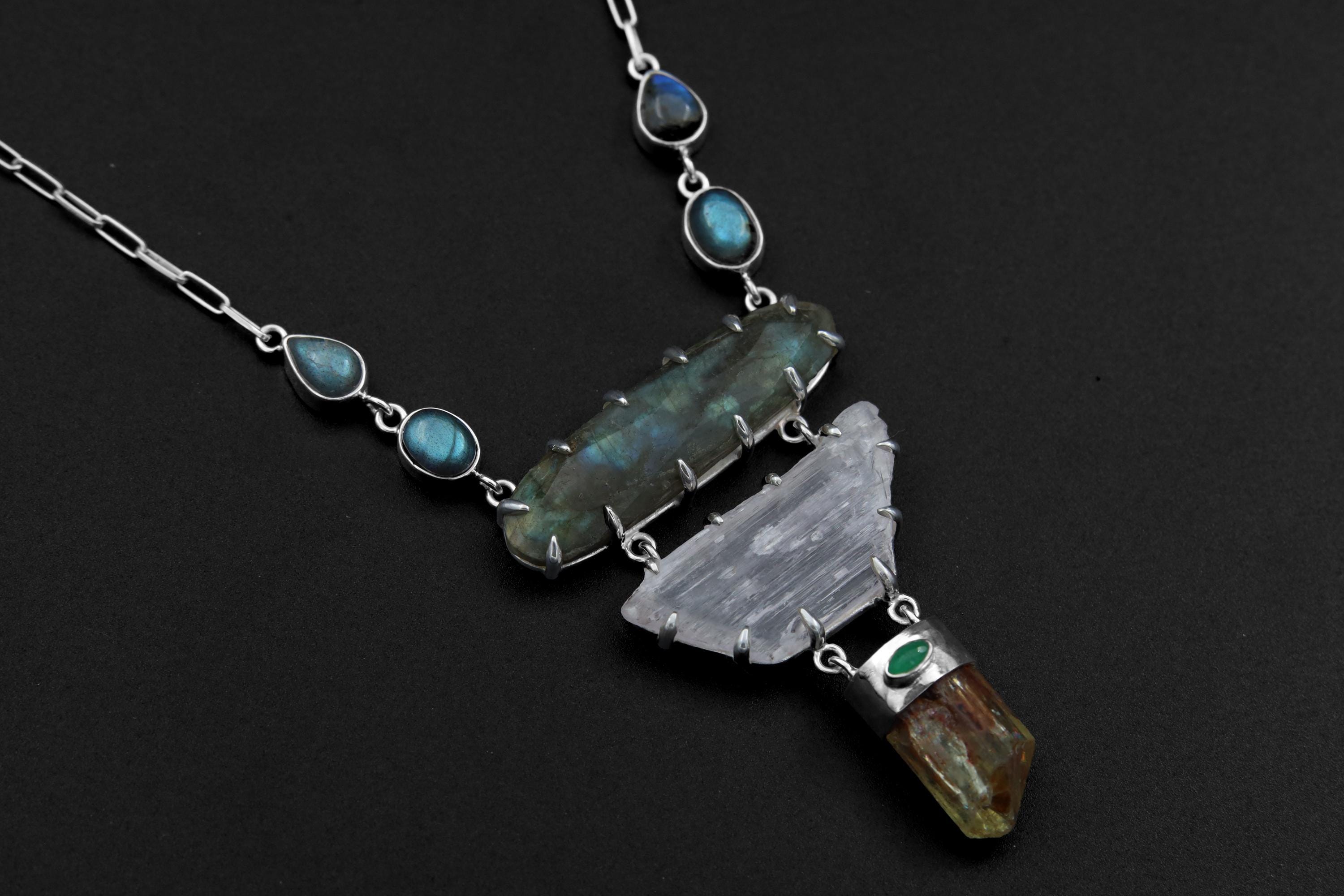 Harmony Labradorite Pendant with Yellow Apatite Kunzite & Australian Emerald Sterling Silver Necklace Chakra Healing Jewelry Gift Boho Style